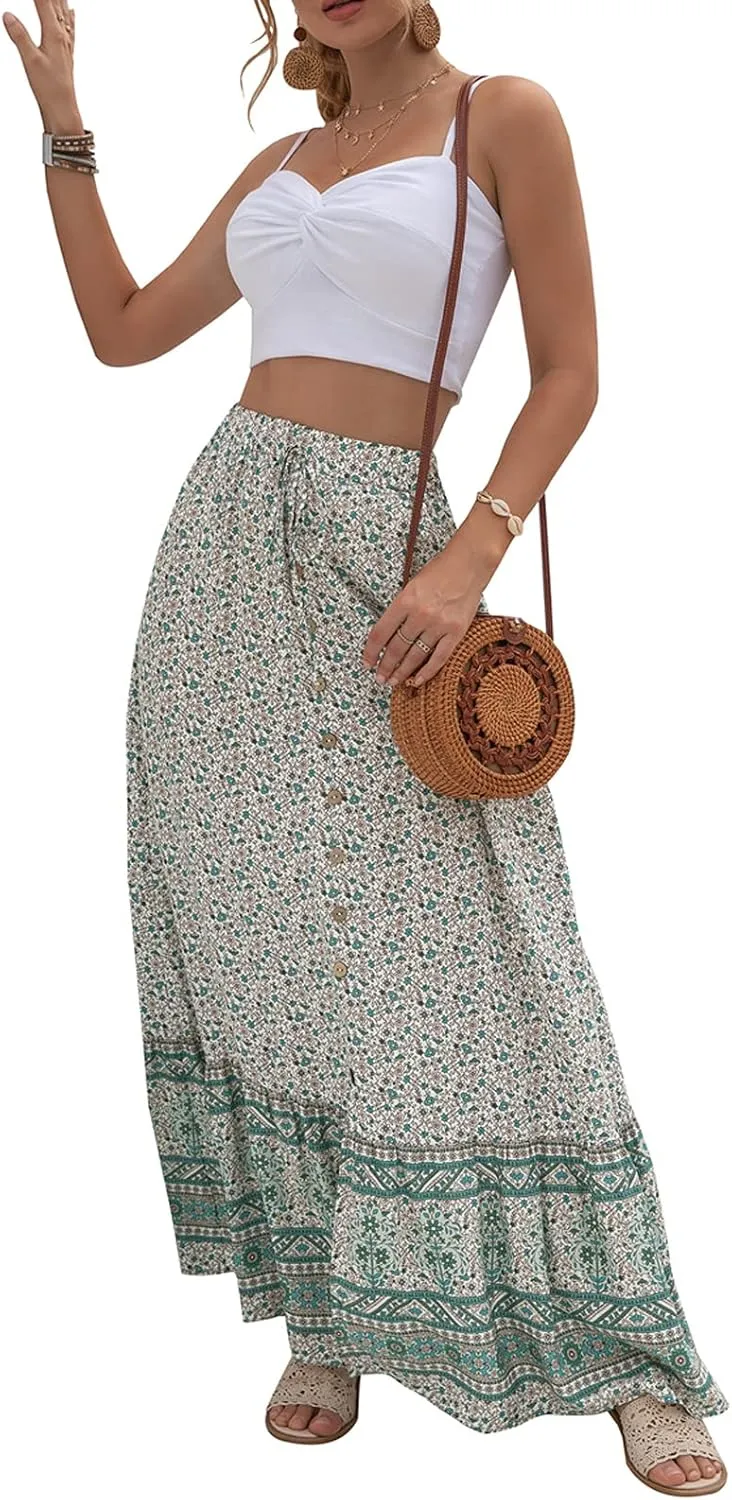Alamoda Women's Chic Button-Down Tie up High Waist Floral Printed Boho A-Line Ruffle Swing Long Maxi Skirt with Slit