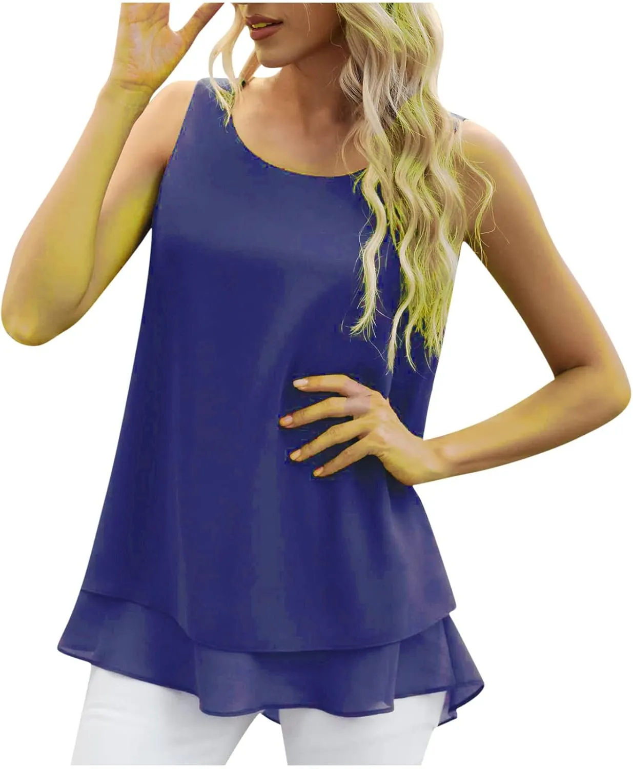 Chiffon Tank Tops for Women Summer Sleeveless Double Layer Ruffle Hem Shirts Casual Plus Size Loose Fit Solid Blouse