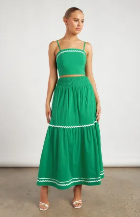 Contrast Wave Trim Shirred Detail Set with Top and Skirt