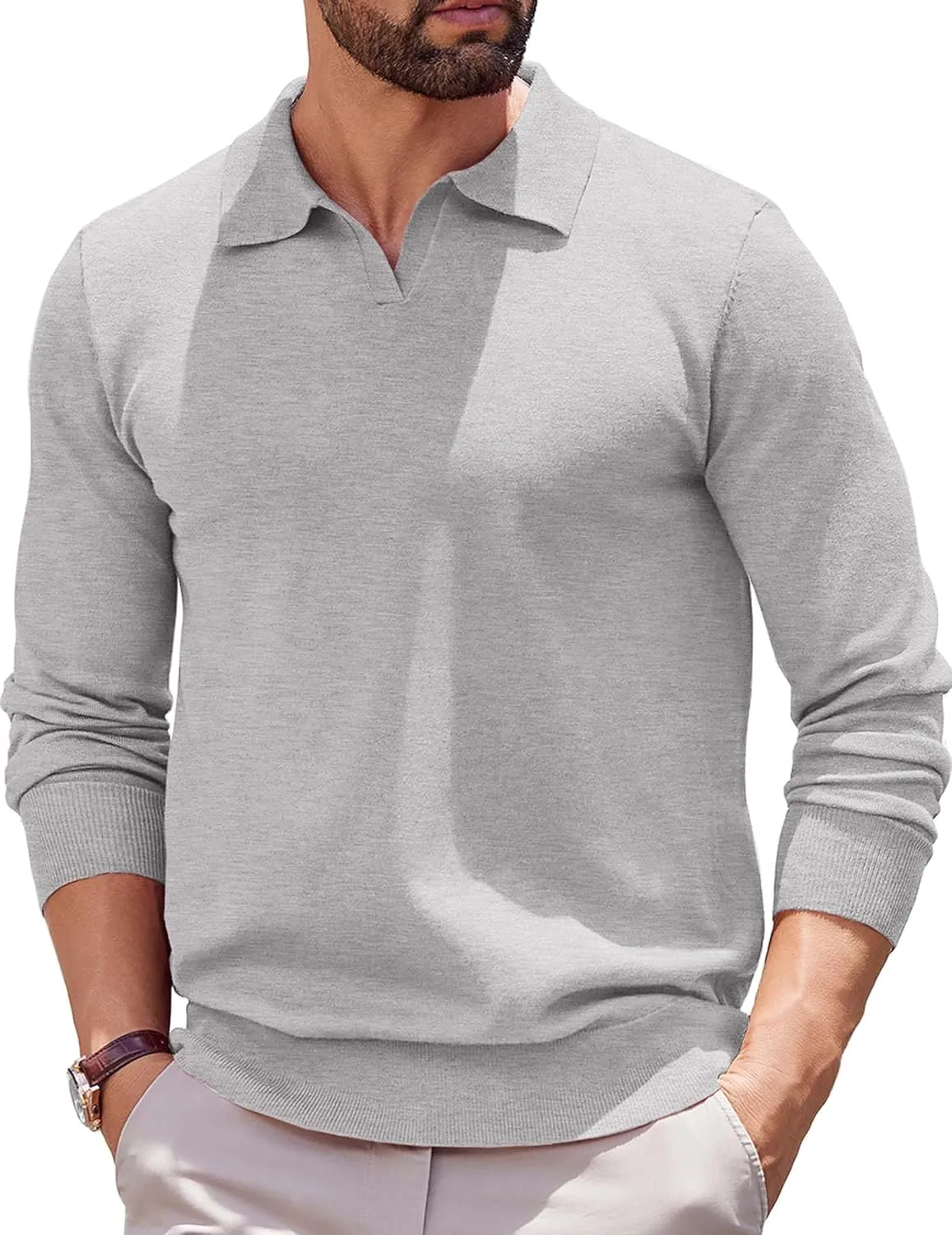 COOFANDY Long Sleeve Polo Shirts for Men Knit Polo Sweater Lightweight Ribbed Pullover Sweater