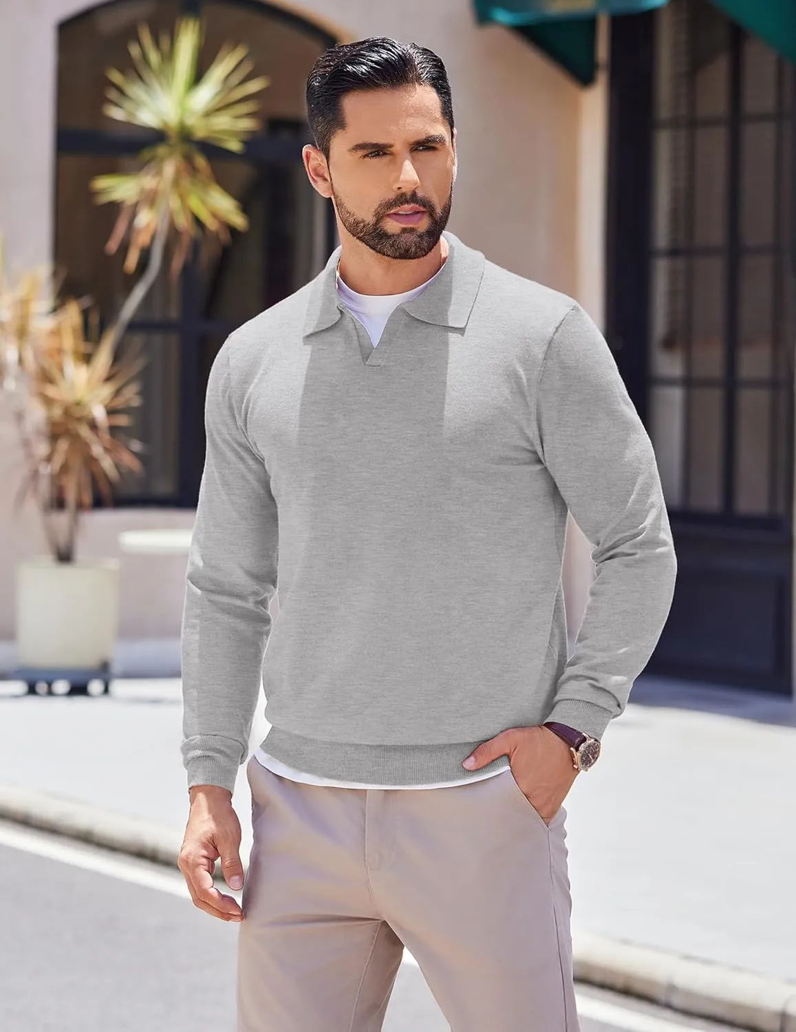 COOFANDY Long Sleeve Polo Shirts for Men Knit Polo Sweater Lightweight Ribbed Pullover Sweater