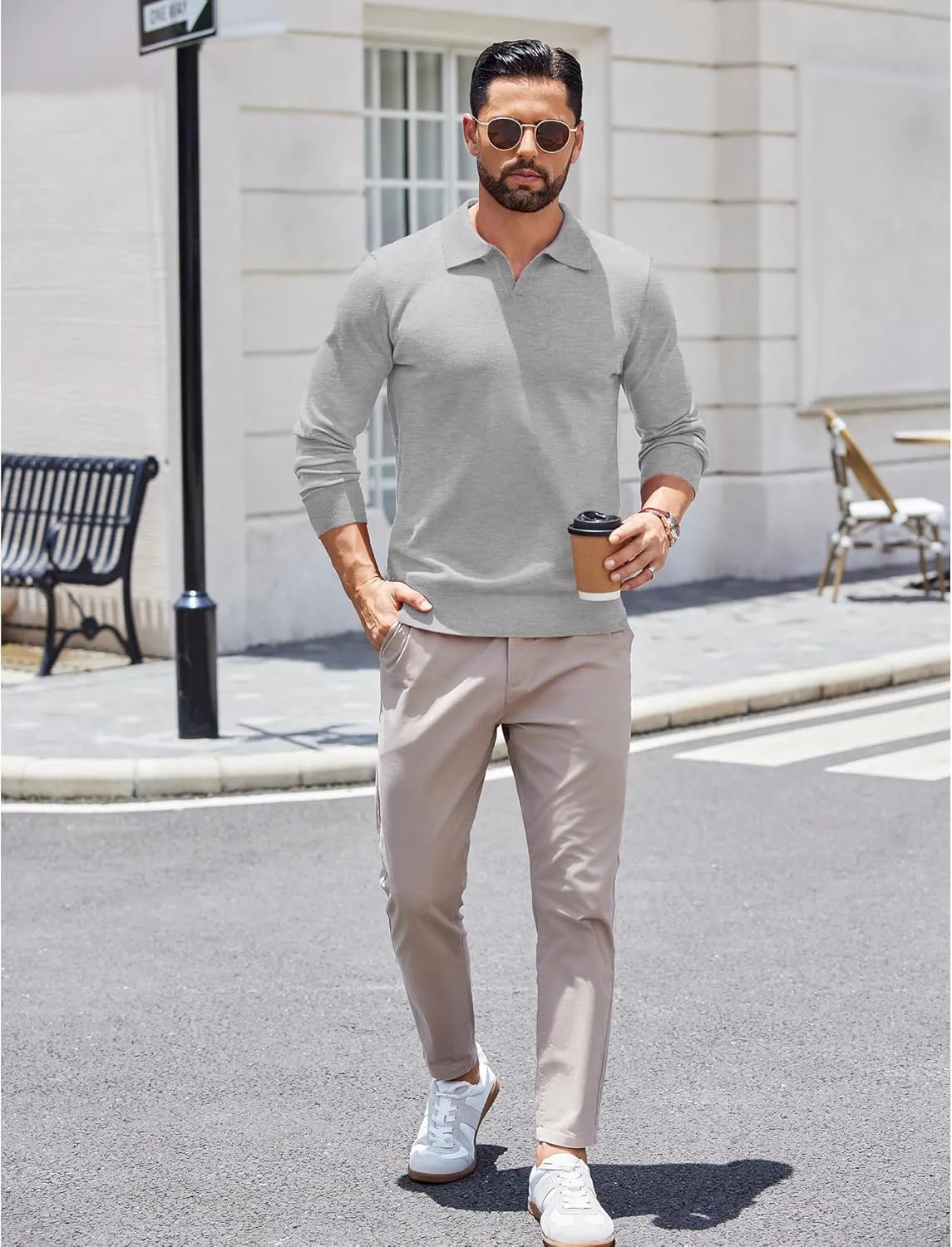 COOFANDY Long Sleeve Polo Shirts for Men Knit Polo Sweater Lightweight Ribbed Pullover Sweater