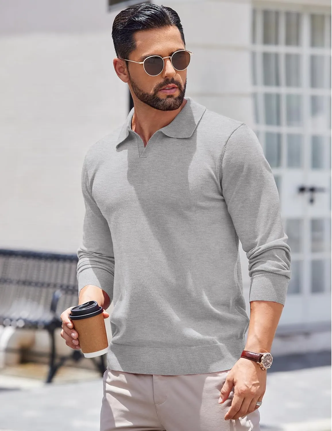 COOFANDY Long Sleeve Polo Shirts for Men Knit Polo Sweater Lightweight Ribbed Pullover Sweater