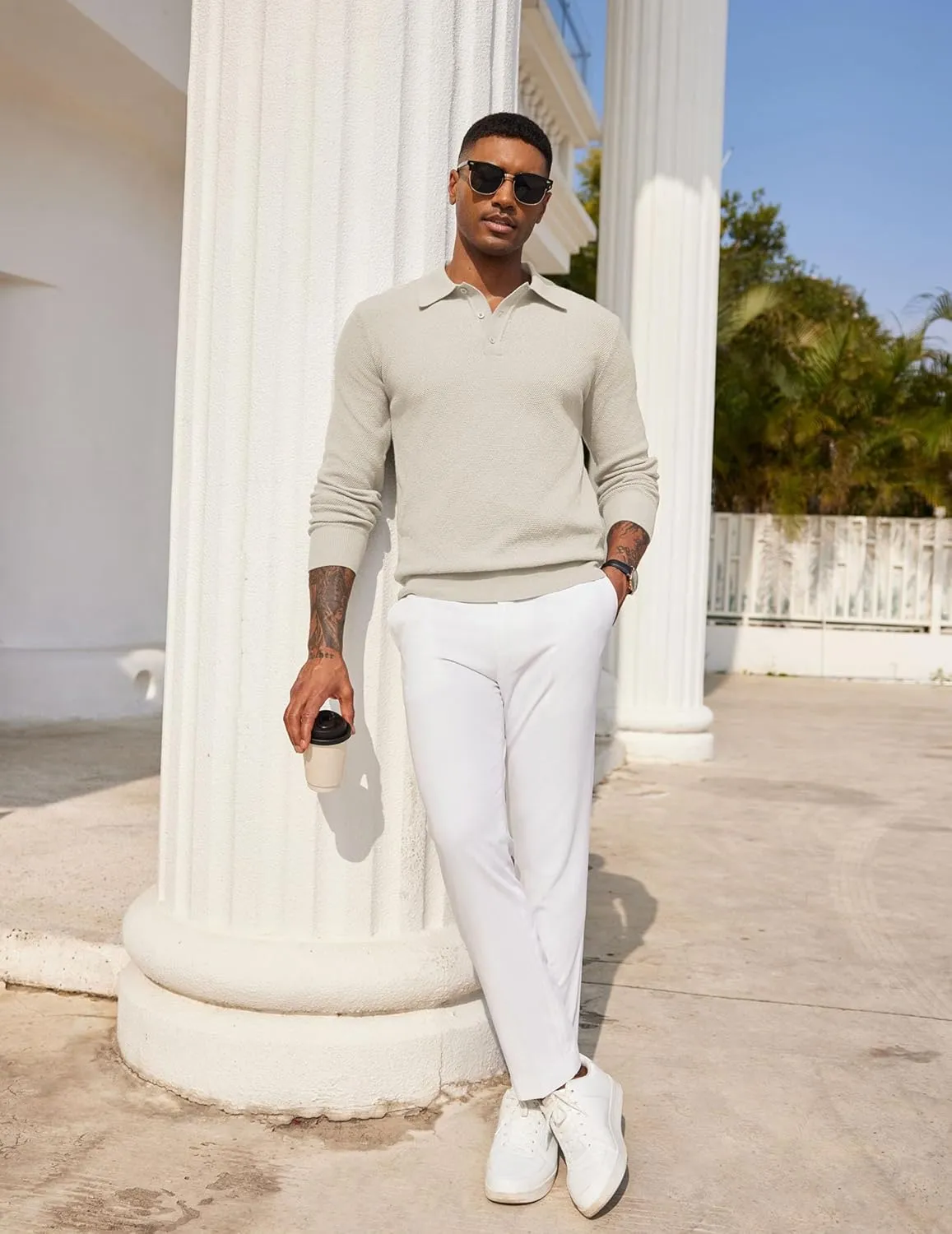 COOFANDY Mens Knit Polo Shirts Long Sleeve Casual Polo Sweaters Shirt Waffle Textured Collared Sweater