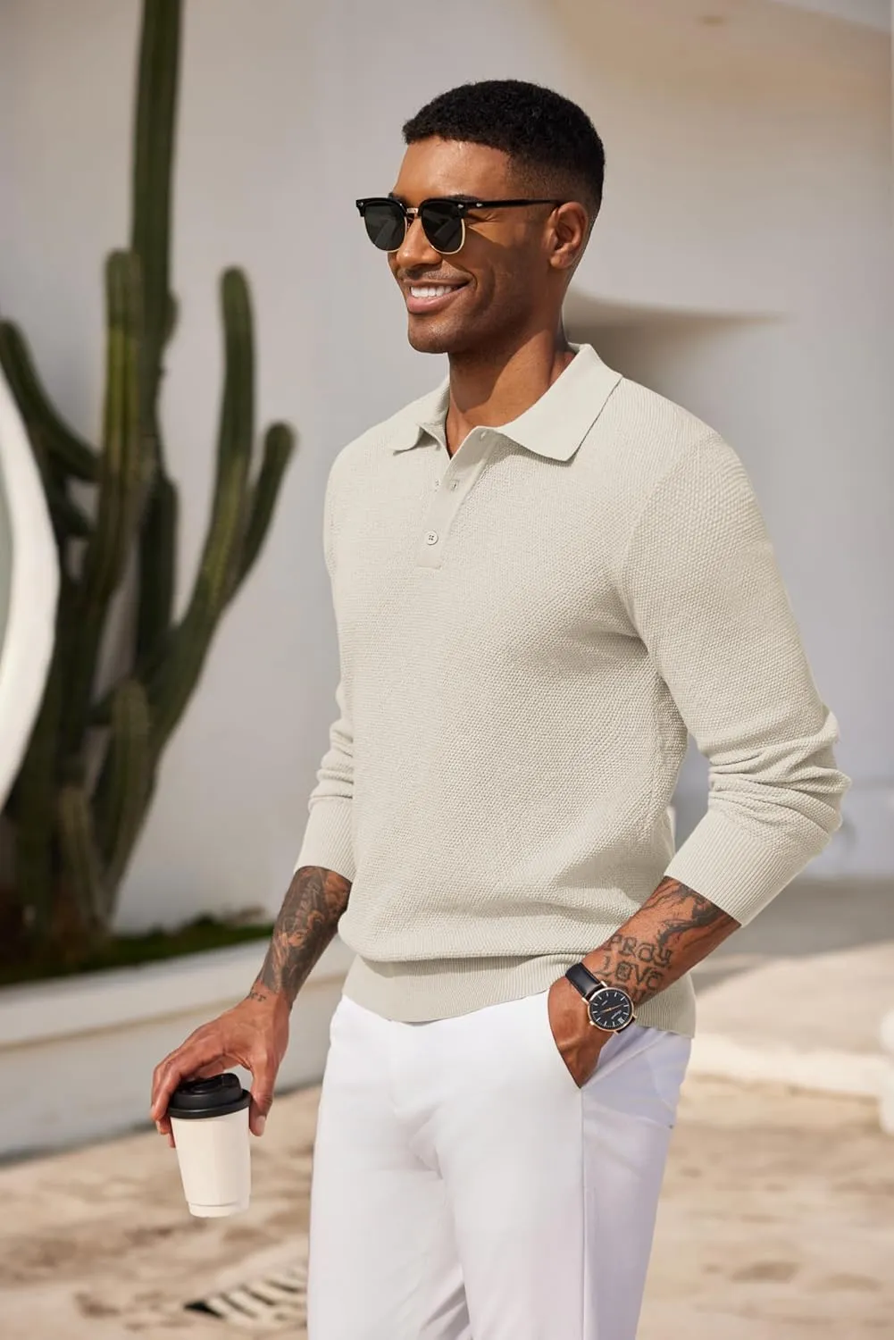 COOFANDY Mens Knit Polo Shirts Long Sleeve Casual Polo Sweaters Shirt Waffle Textured Collared Sweater