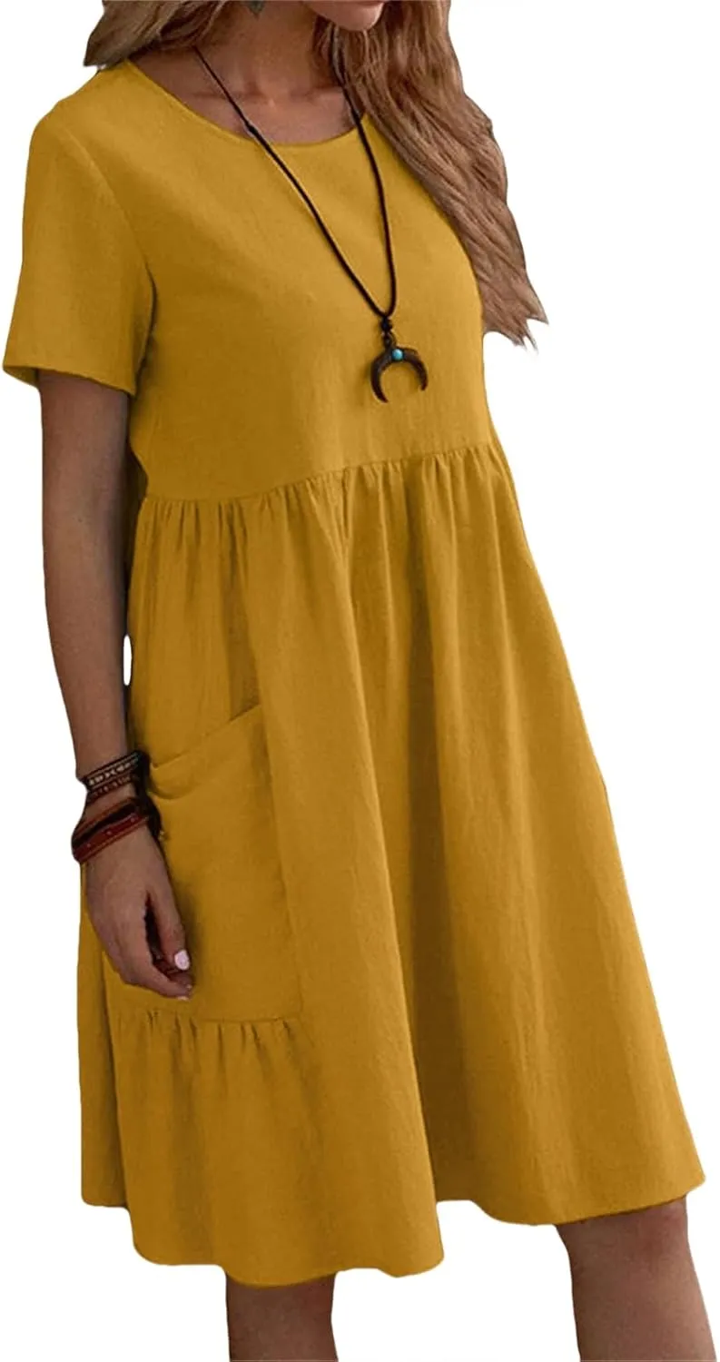Cotton Linen Dresses Women Loose Fitting Dress Womens Dresses Tshirt Dress with Pockets Plus Size Sundresses