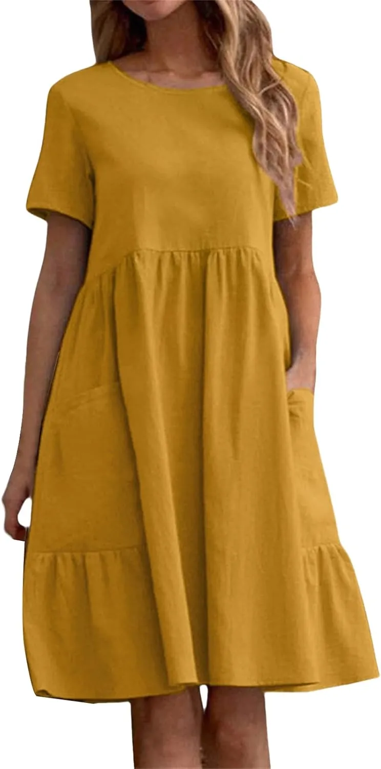 Cotton Linen Dresses Women Loose Fitting Dress Womens Dresses Tshirt Dress with Pockets Plus Size Sundresses