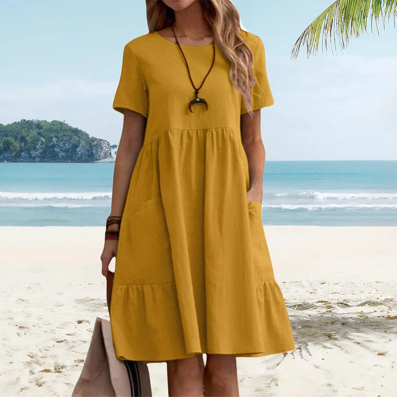 Cotton Linen Dresses Women Loose Fitting Dress Womens Dresses Tshirt Dress with Pockets Plus Size Sundresses