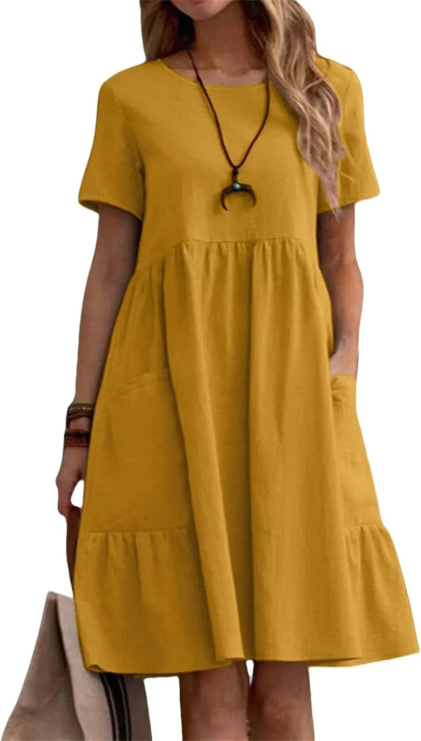 Cotton Linen Dresses Women Loose Fitting Dress Womens Dresses Tshirt Dress with Pockets Plus Size Sundresses