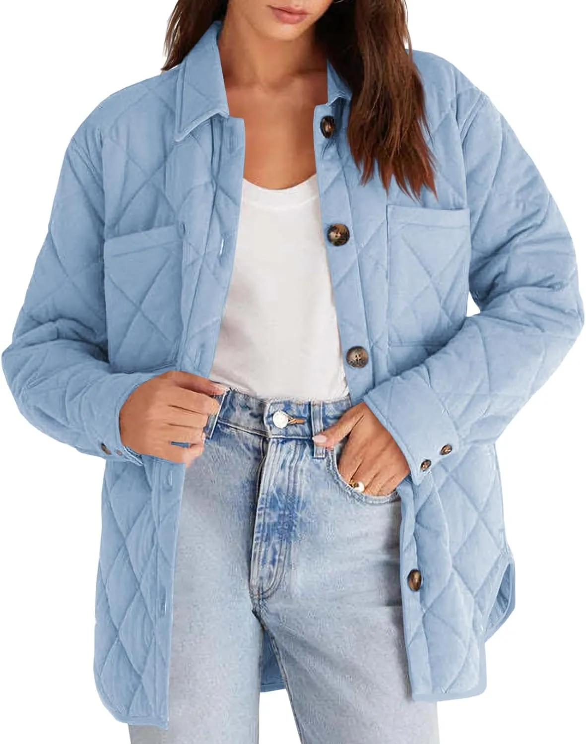 Danedvi Womens Casual Lapel Collared Lightweight Quilted Jackets Fall Winter Warm Loose Puffer Outerwear