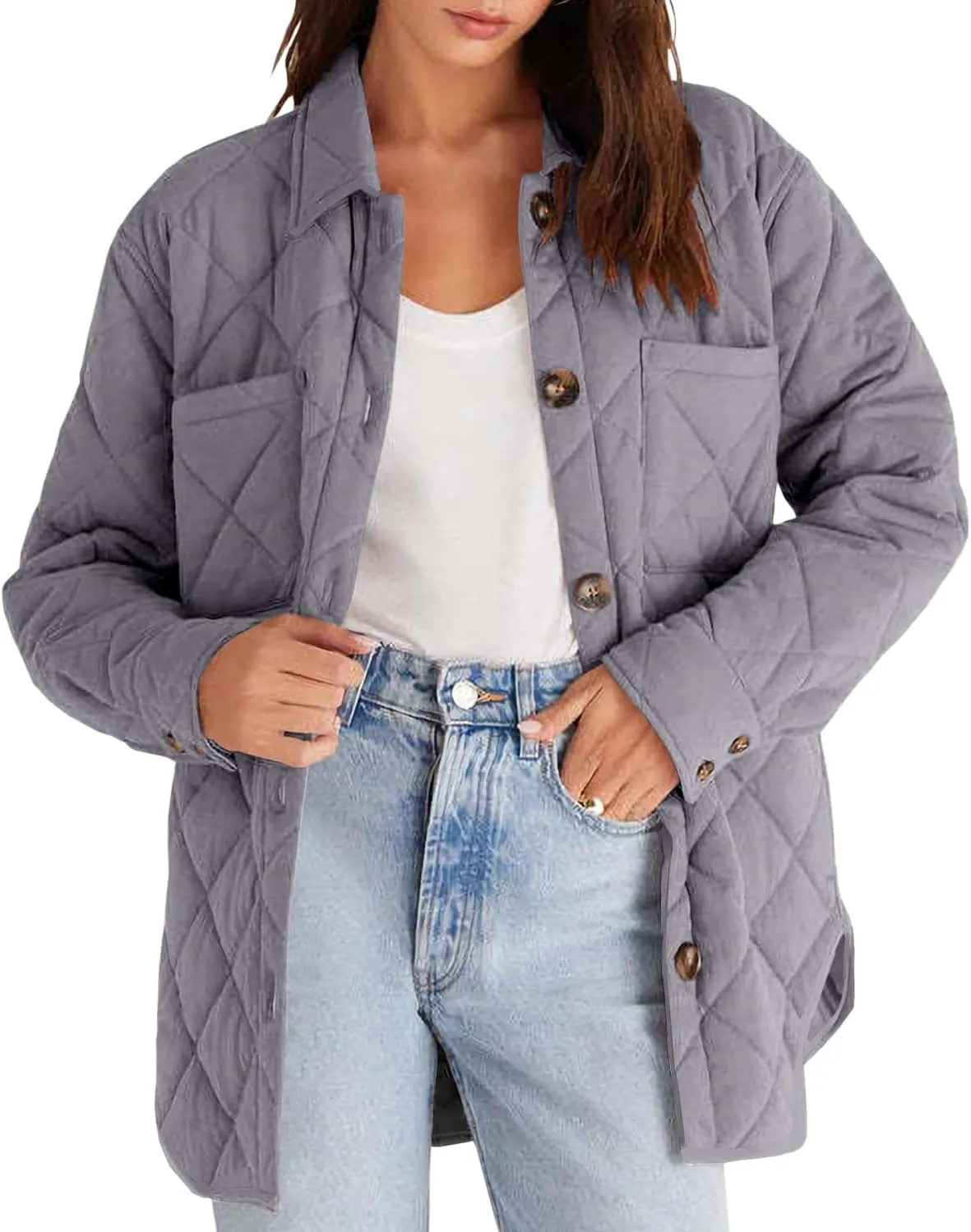 Danedvi Womens Casual Lapel Collared Lightweight Quilted Jackets Fall Winter Warm Loose Puffer Outerwear