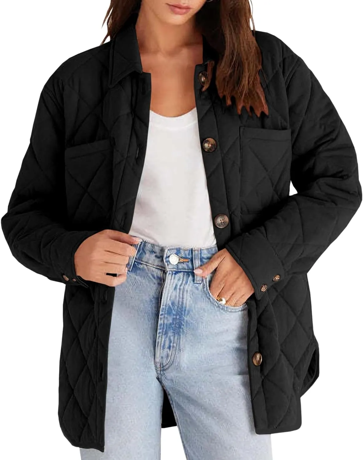 Danedvi Womens Casual Lapel Collared Lightweight Quilted Jackets Fall Winter Warm Loose Puffer Outerwear