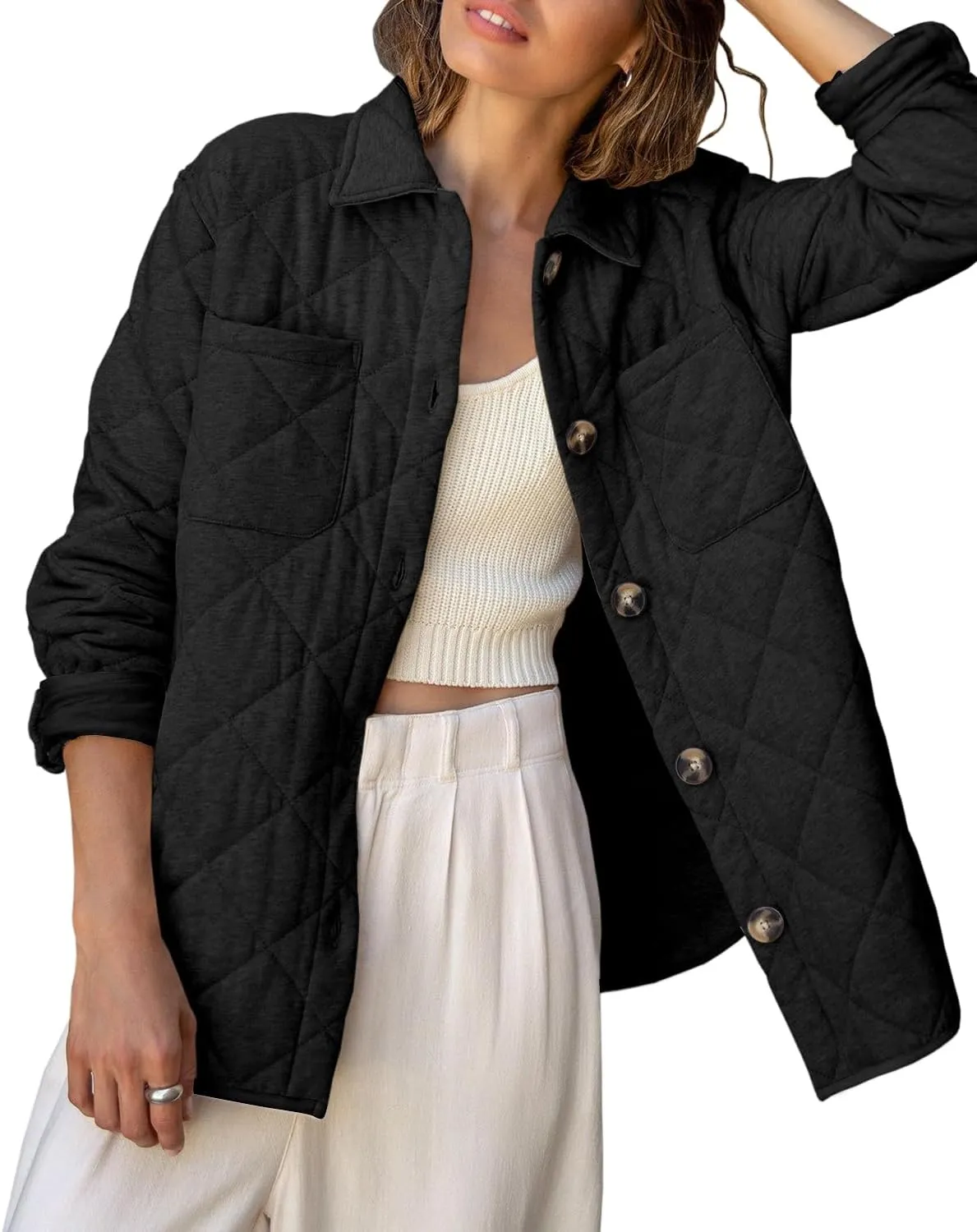 Danedvi Womens Casual Lapel Collared Lightweight Quilted Jackets Fall Winter Warm Loose Puffer Outerwear