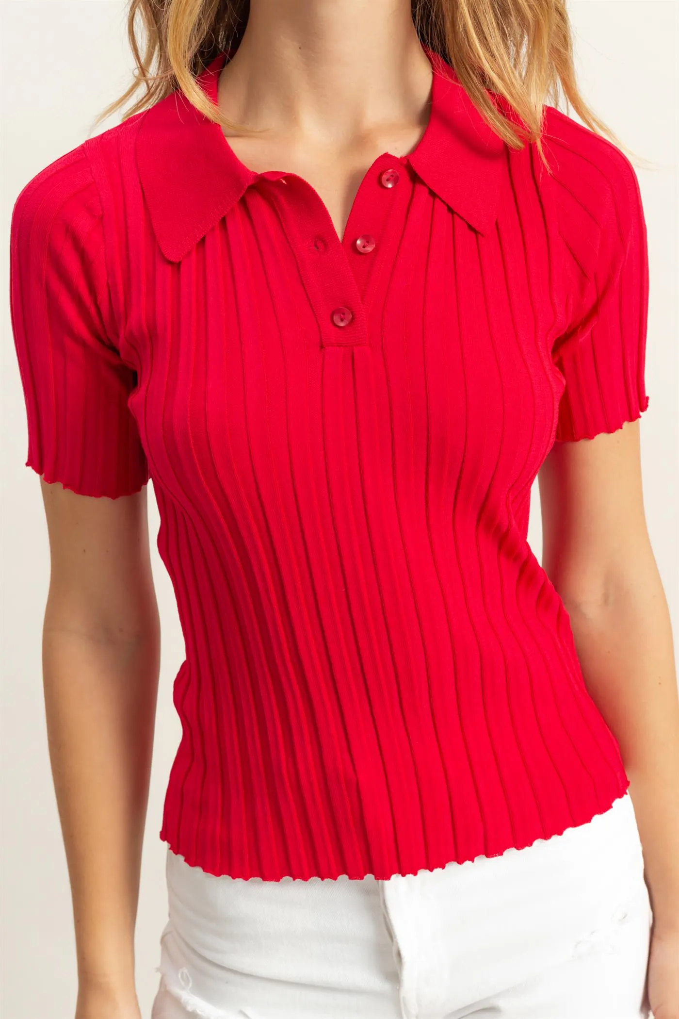 DZ25C246-Rib Knitted Short Sleeve Polo Top