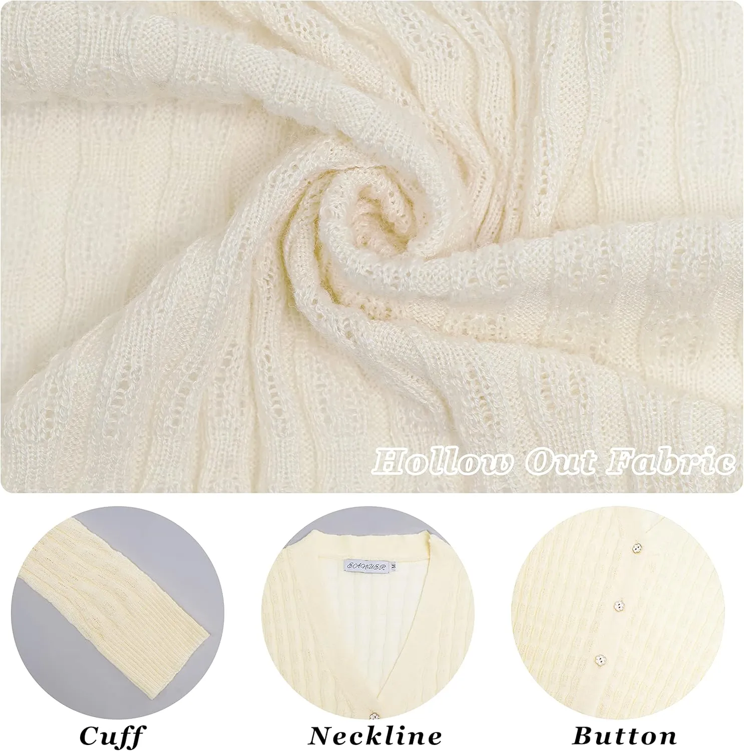 EANUER Women's Lightweight V Neck Long Sleeve Button Down Hollow Out Wool Cardigan Sweaters