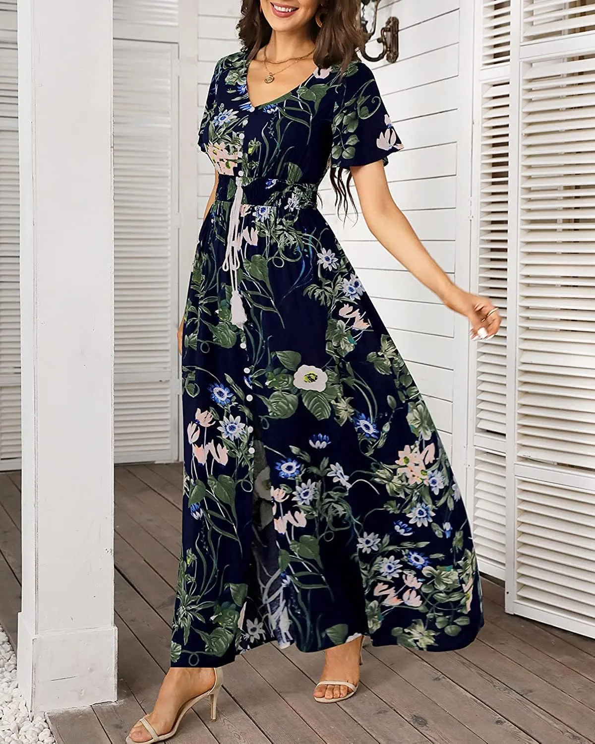Floral Maxi Dress Women Button Up Split Print Flowy Party Dress