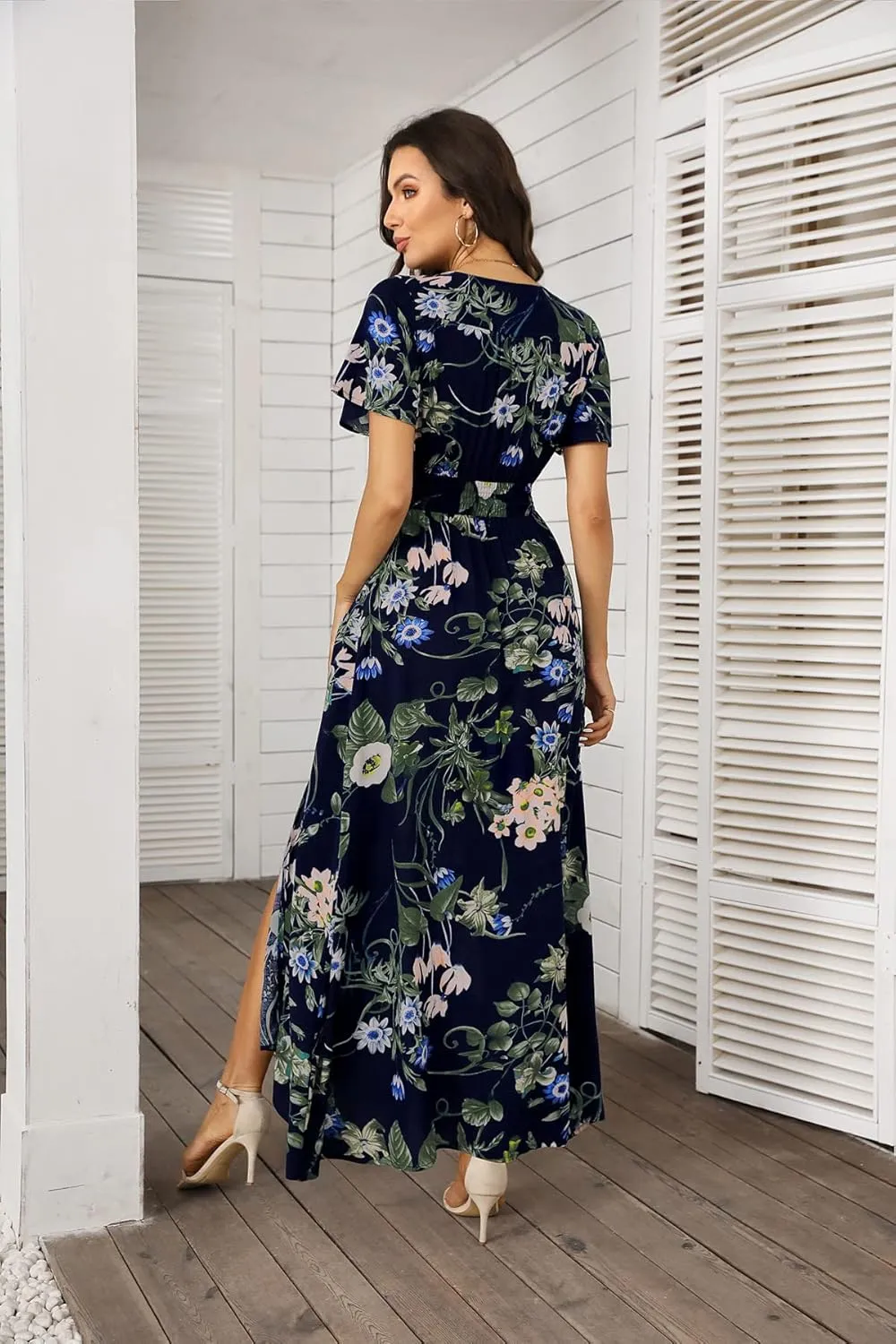 Floral Maxi Dress Women Button Up Split Print Flowy Party Dress