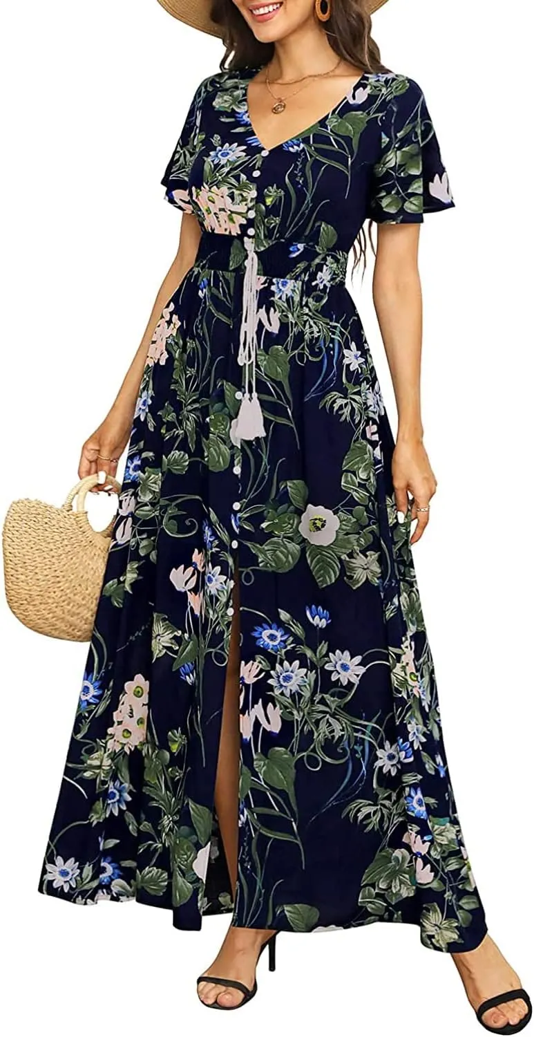 Floral Maxi Dress Women Button Up Split Print Flowy Party Dress