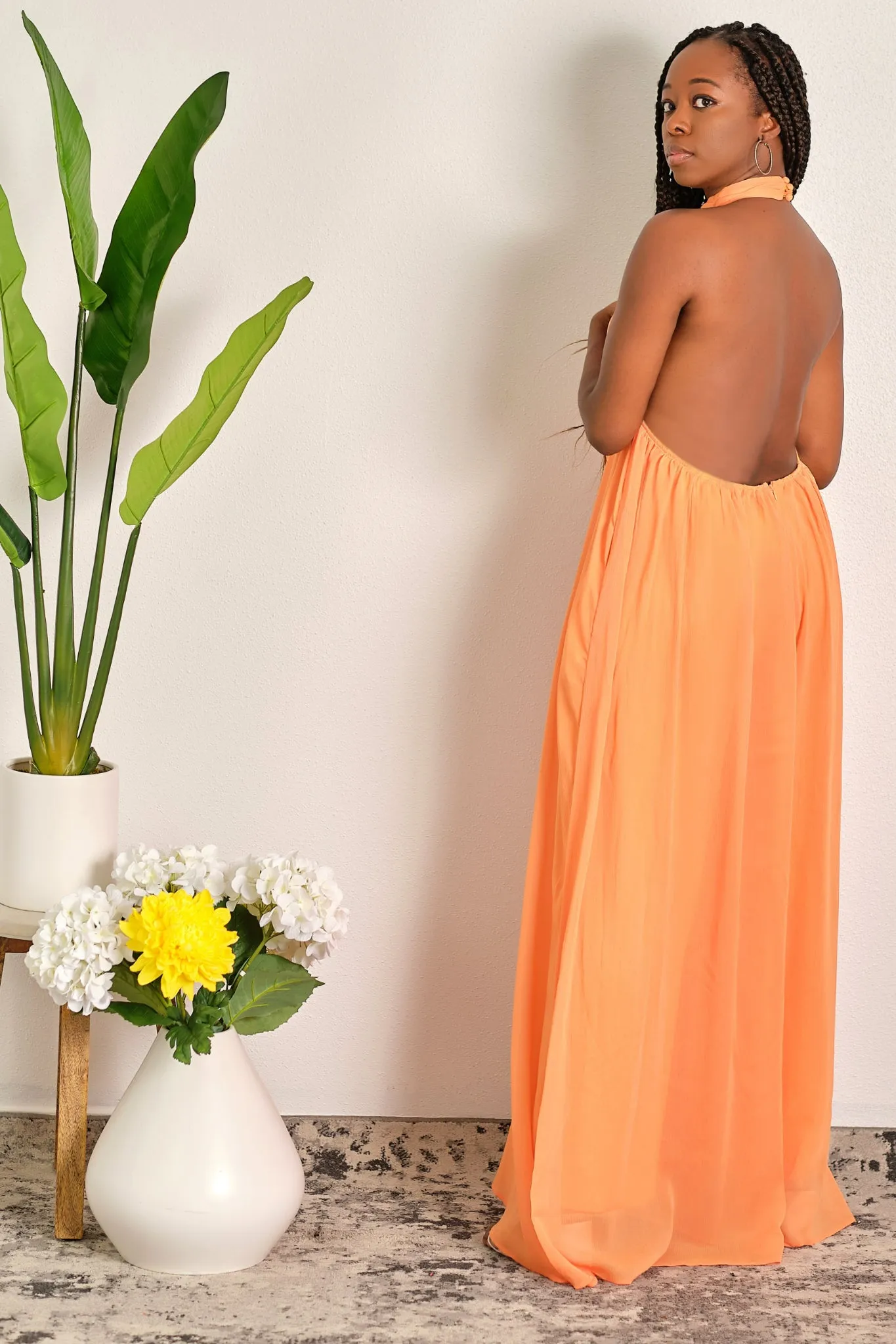 Gotta Have It Backless Halter Wide Leg Jumpsuit - Pastel Orange