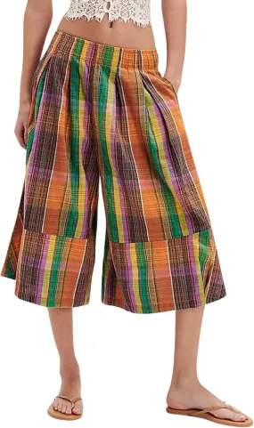 Himosyber Women's Summer Culottes Boho Wide Leg Pants Elastic Waist Casual Palazzo Trousers Plaid Capris with Pockets