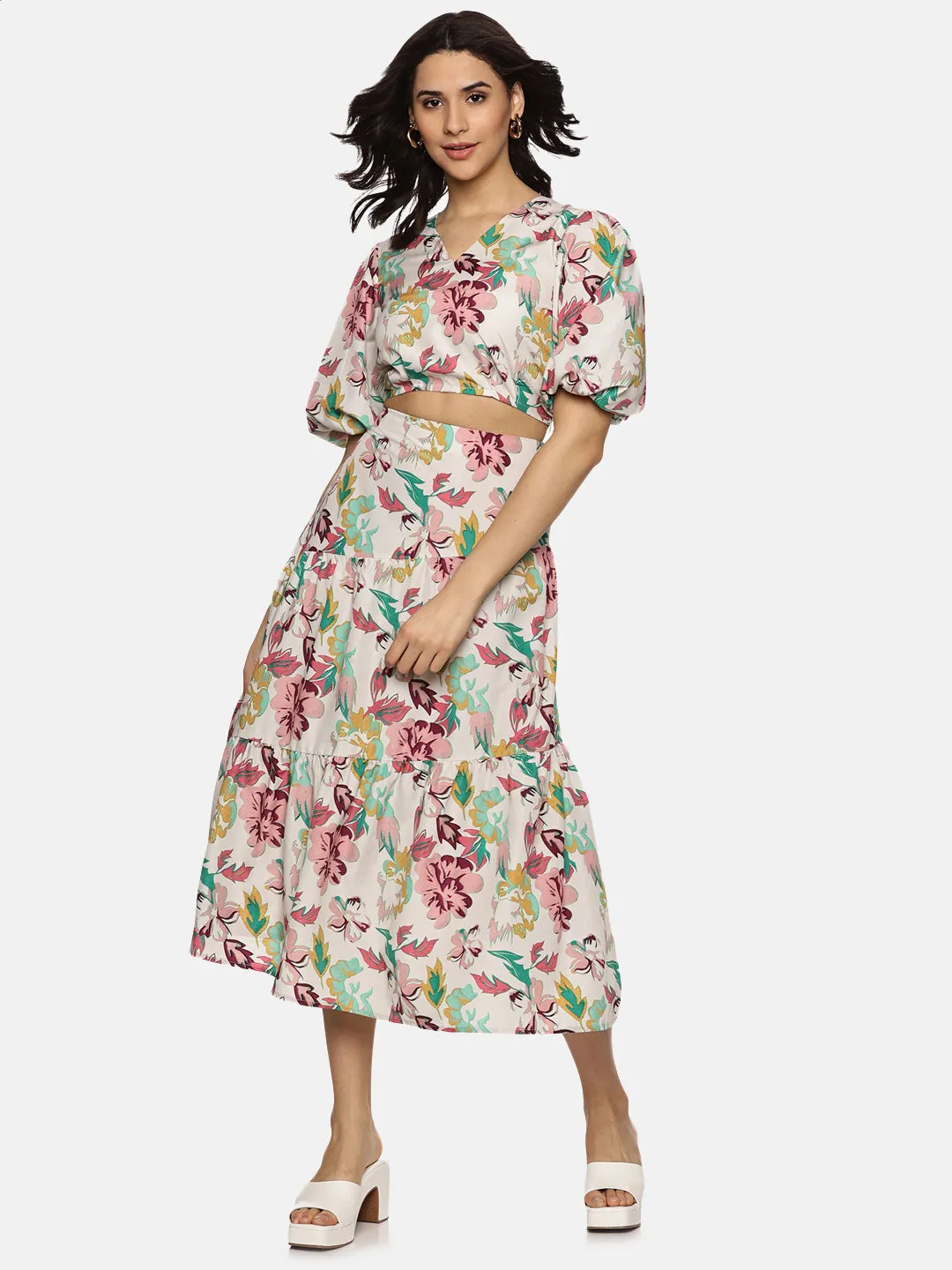 IS.U Floral Multicolor Cut And Sew Midaxi Skirt