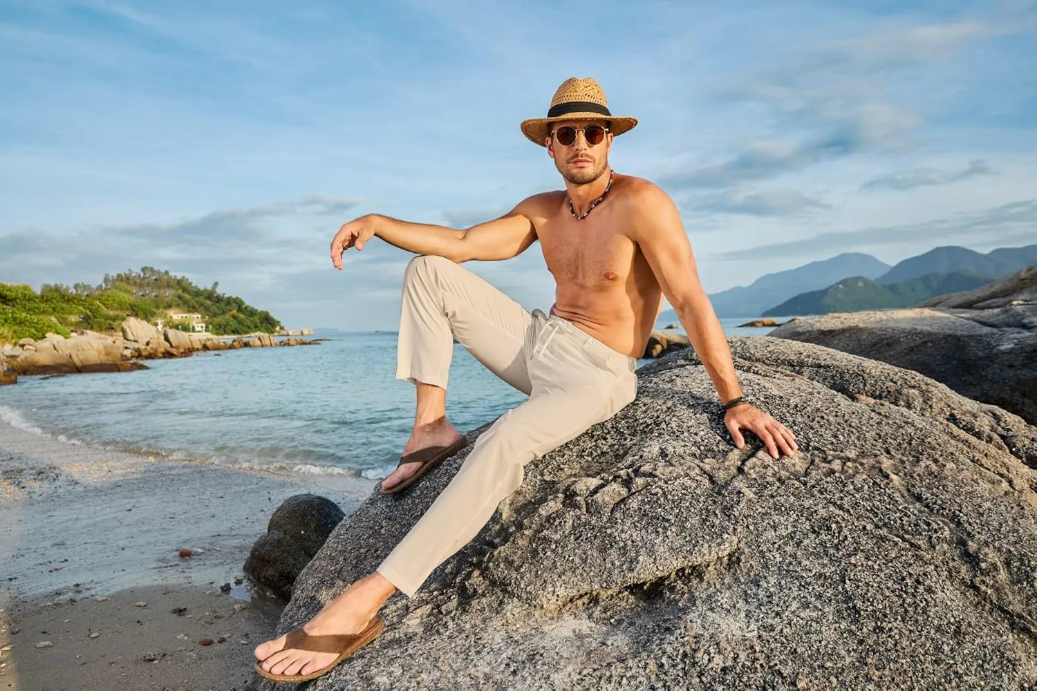 JMIERR Men's Casual Drawstring Pants Elastic Waist Lightweight Pant Summer Beach Trouser with Pockets