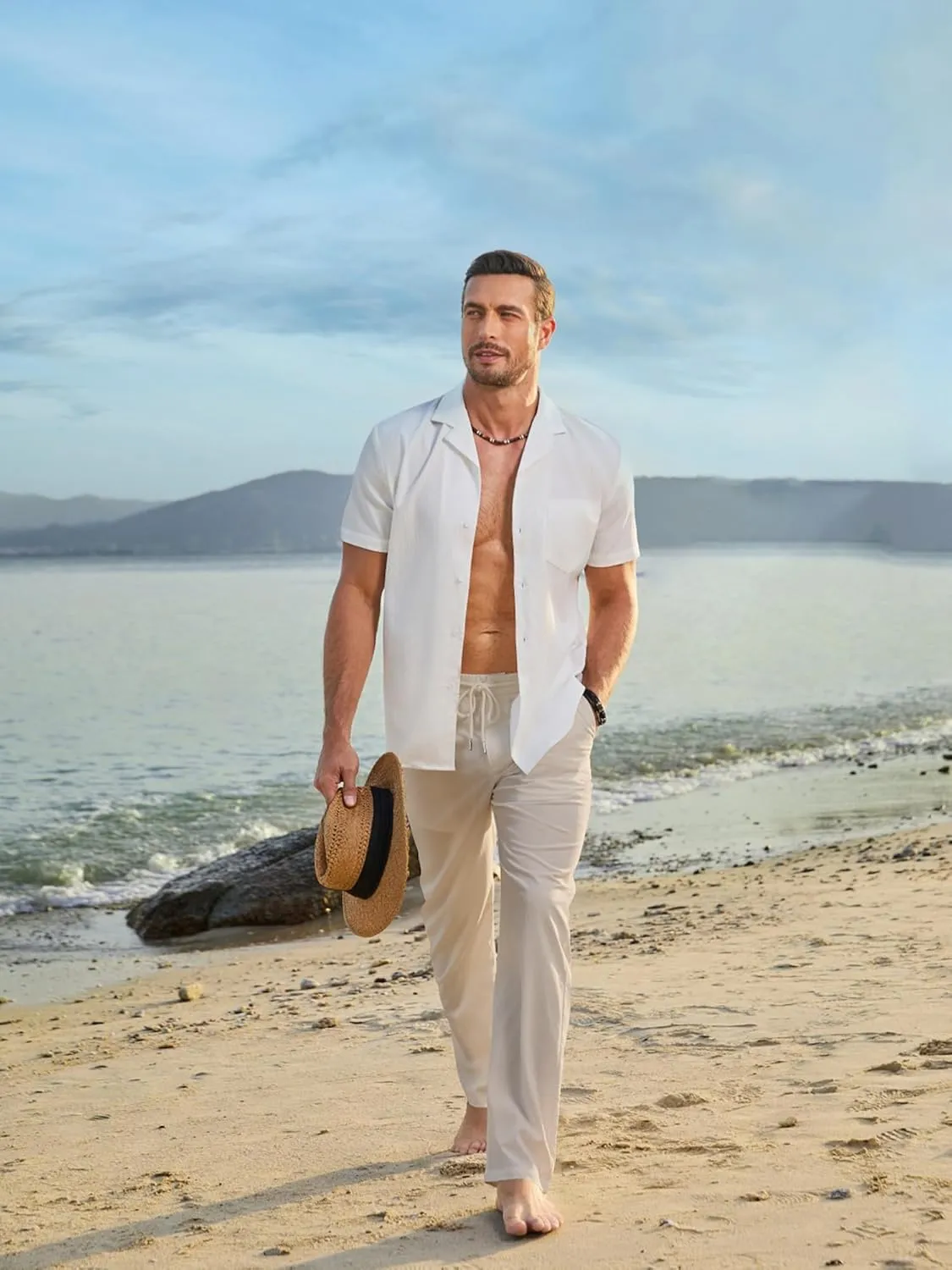 JMIERR Men's Casual Drawstring Pants Elastic Waist Lightweight Pant Summer Beach Trouser with Pockets