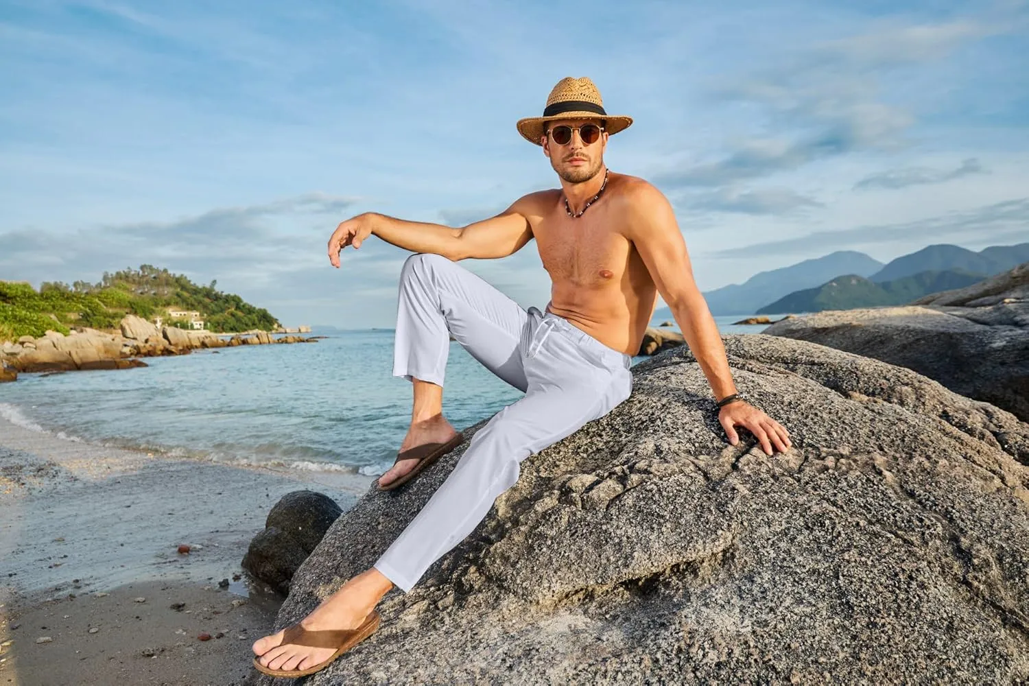 JMIERR Men's Casual Drawstring Pants Elastic Waist Lightweight Pant Summer Beach Trouser with Pockets