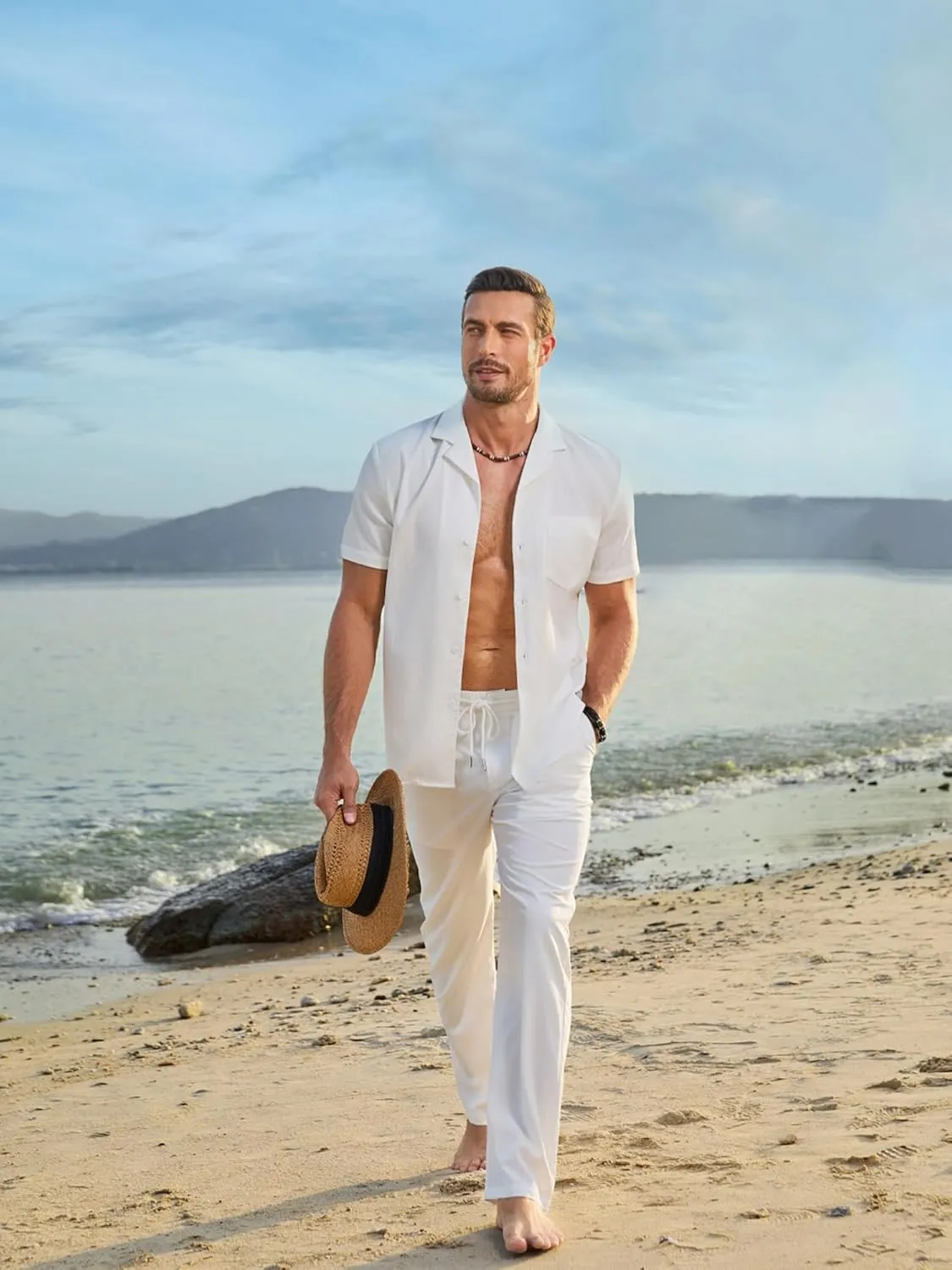 JMIERR Men's Casual Drawstring Pants Elastic Waist Lightweight Pant Summer Beach Trouser with Pockets