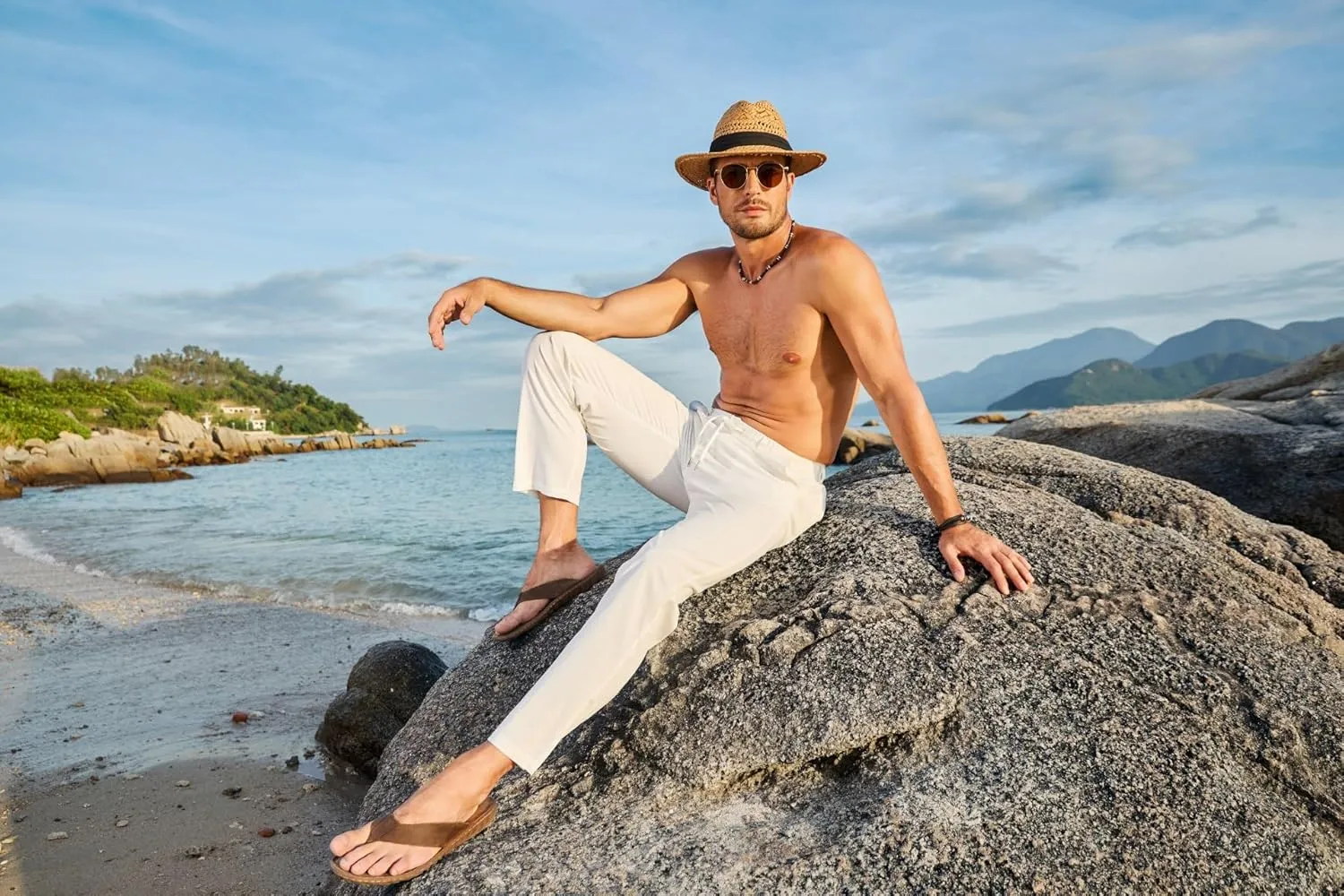 JMIERR Men's Casual Drawstring Pants Elastic Waist Lightweight Pant Summer Beach Trouser with Pockets