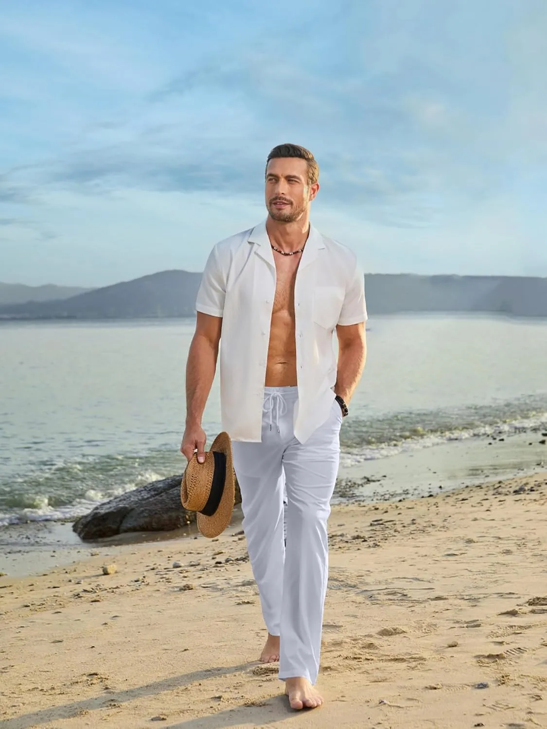 JMIERR Men's Casual Drawstring Pants Elastic Waist Lightweight Pant Summer Beach Trouser with Pockets