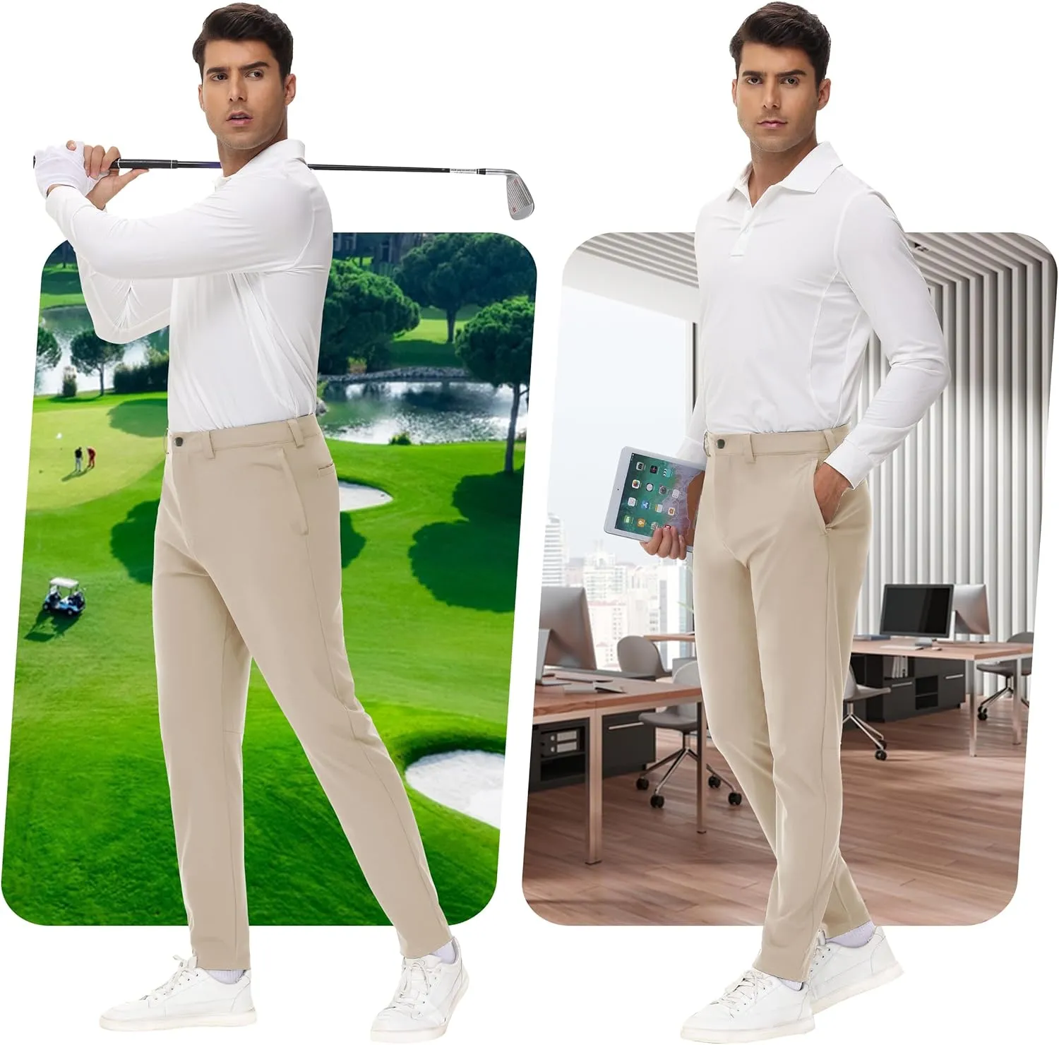 JWM 29"/30"/31"/32" Mens Golf Pants Stretch Straight Leg Relaxed Fit Dress Pants Lightweight Comfy Casual Trousers Zip Pocket