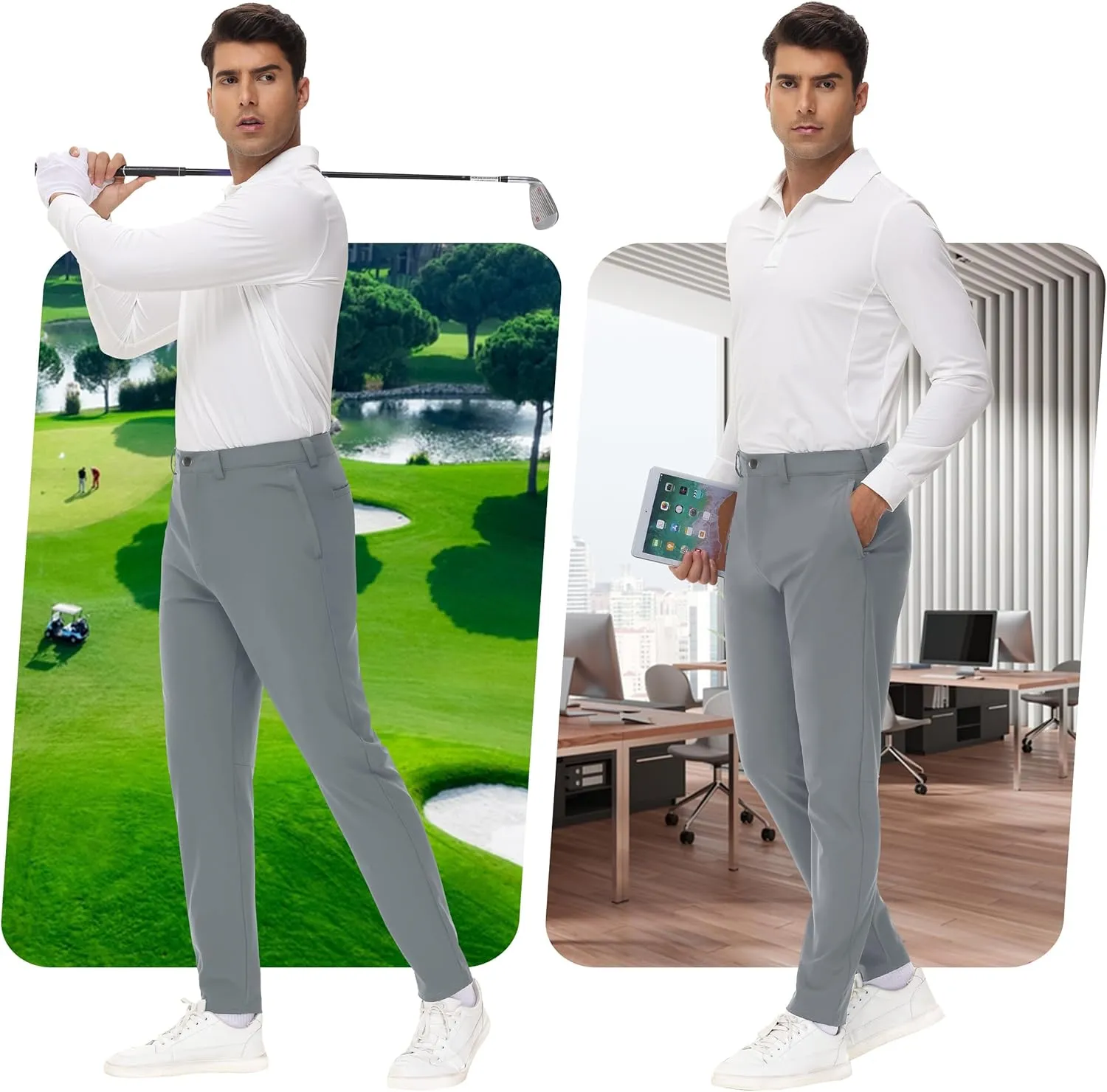 JWM 29"/30"/31"/32" Mens Golf Pants Stretch Straight Leg Relaxed Fit Dress Pants Lightweight Comfy Casual Trousers Zip Pocket
