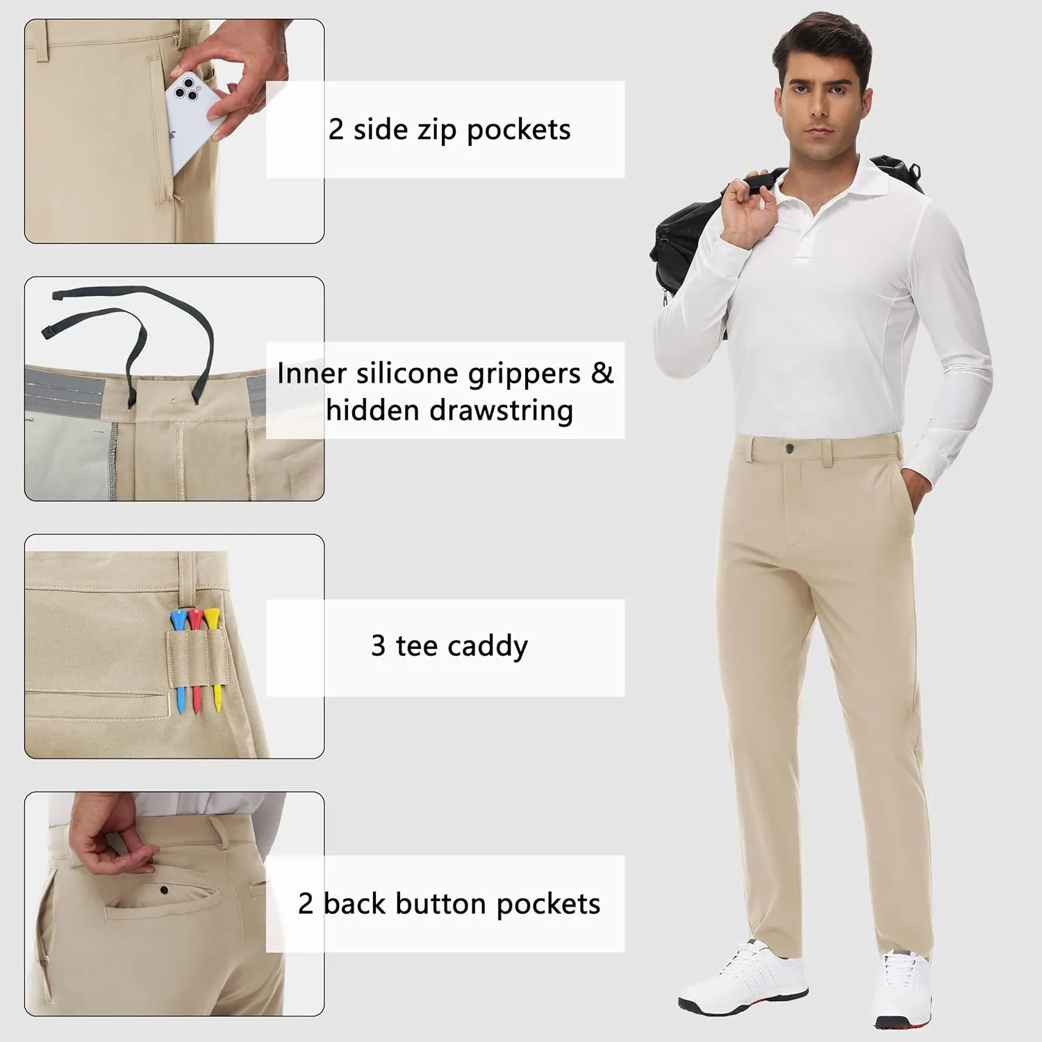 JWM 29"/30"/31"/32" Mens Golf Pants Stretch Straight Leg Relaxed Fit Dress Pants Lightweight Comfy Casual Trousers Zip Pocket