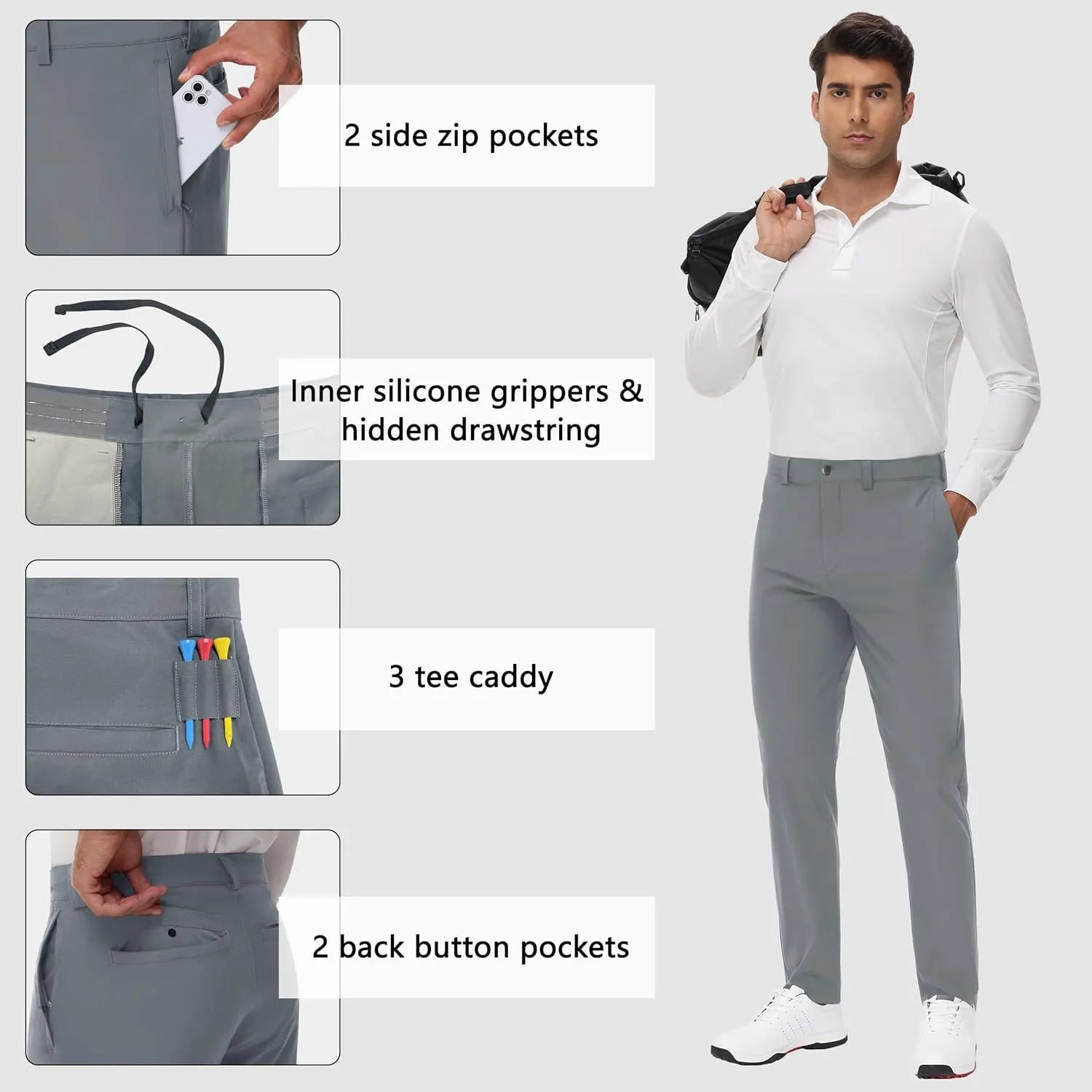 JWM 29"/30"/31"/32" Mens Golf Pants Stretch Straight Leg Relaxed Fit Dress Pants Lightweight Comfy Casual Trousers Zip Pocket