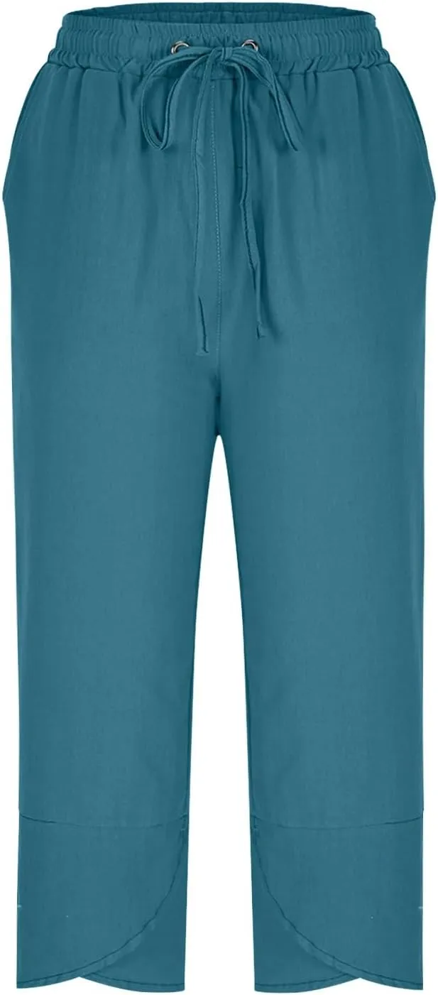 Linen Capri Pants for Women Lightweight Casual Elastic Waist Linen Pant Drawstring 2025 Summer Pants with Pockets