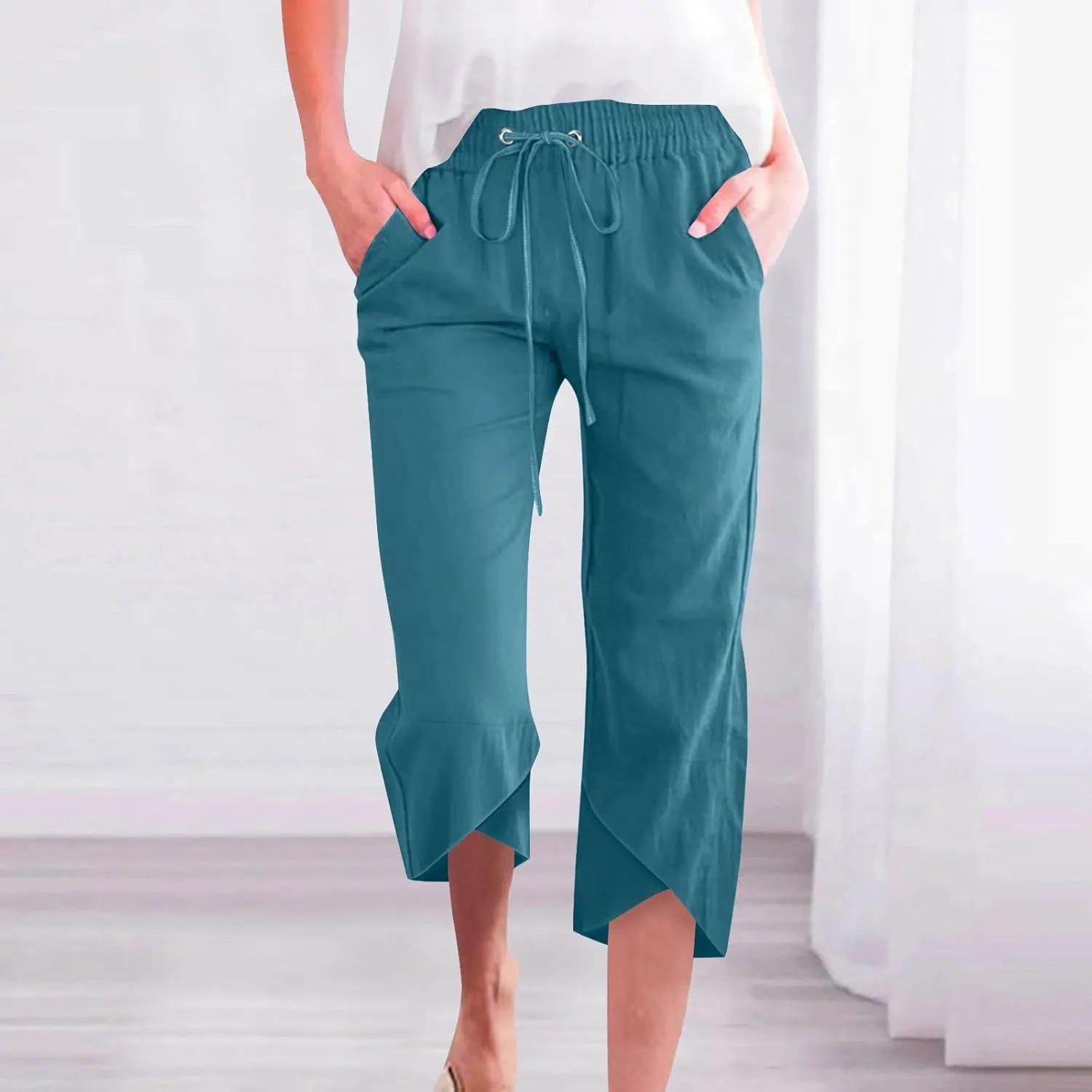 Linen Capri Pants for Women Lightweight Casual Elastic Waist Linen Pant Drawstring 2025 Summer Pants with Pockets