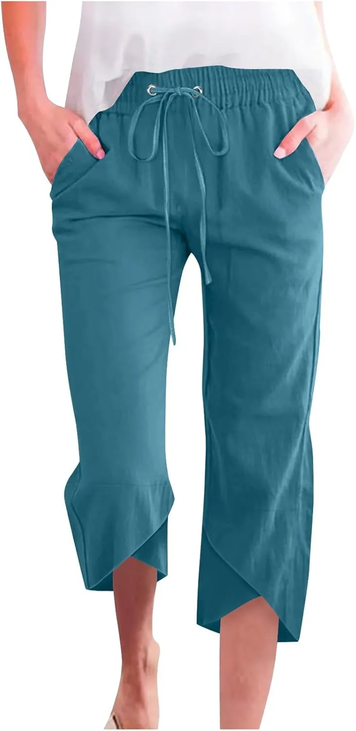 Linen Capri Pants for Women Lightweight Casual Elastic Waist Linen Pant Drawstring 2025 Summer Pants with Pockets