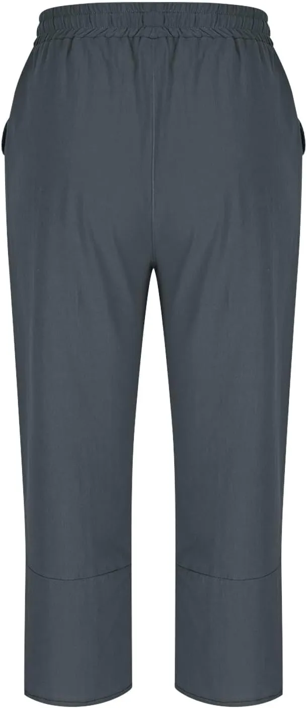 Linen Capri Pants for Women Lightweight Casual Elastic Waist Linen Pant Drawstring 2025 Summer Pants with Pockets