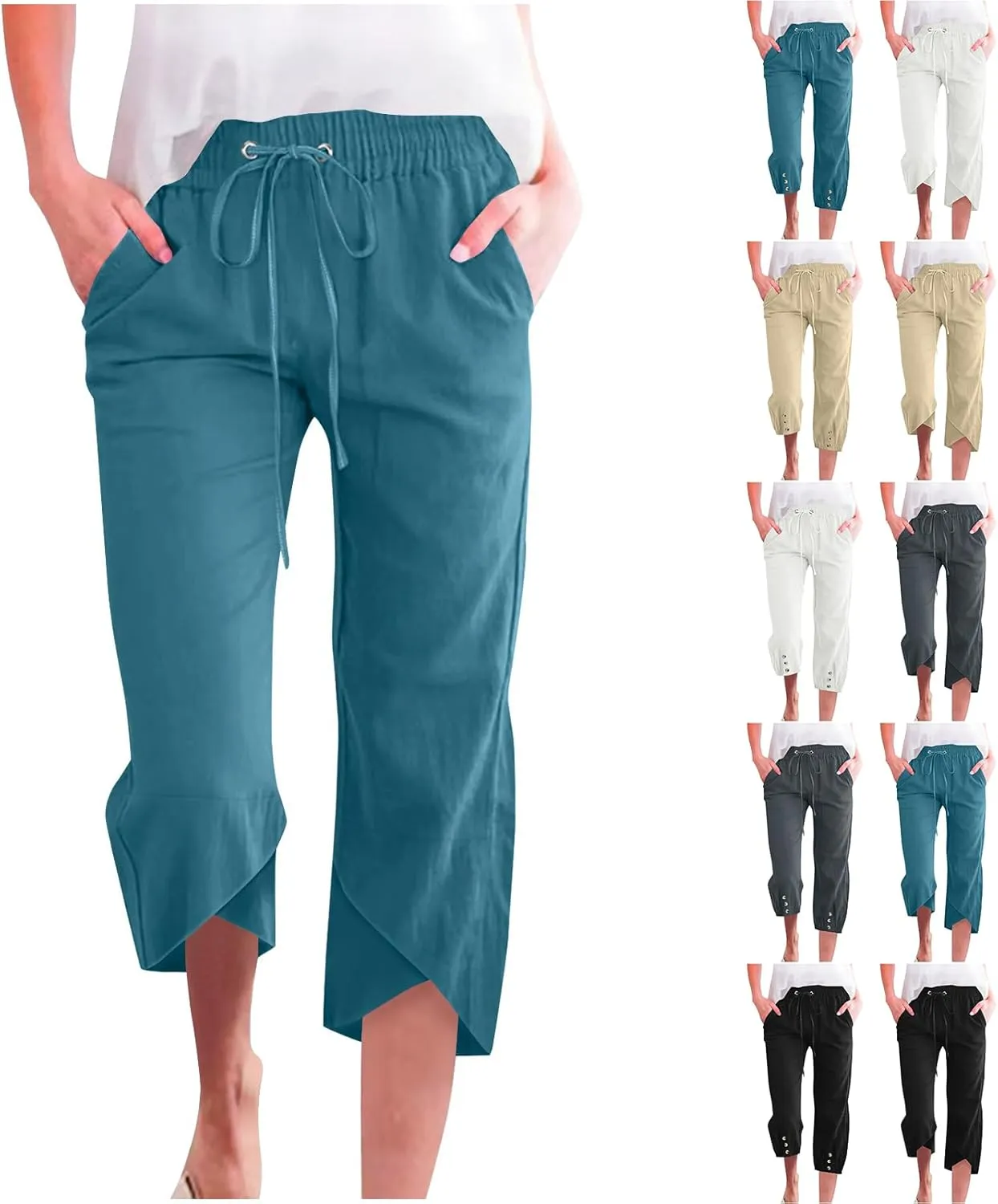 Linen Capri Pants for Women Lightweight Casual Elastic Waist Linen Pant Drawstring 2025 Summer Pants with Pockets