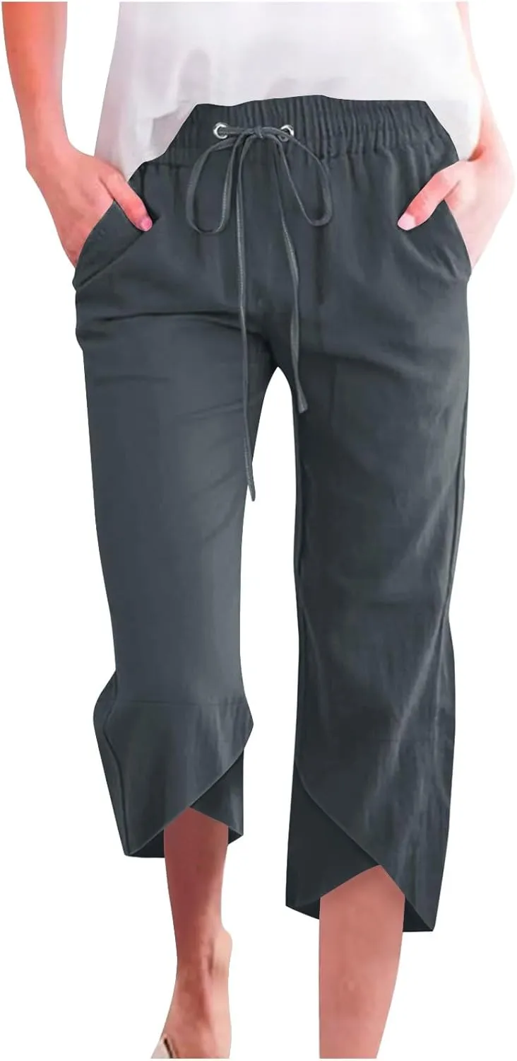 Linen Capri Pants for Women Lightweight Casual Elastic Waist Linen Pant Drawstring 2025 Summer Pants with Pockets