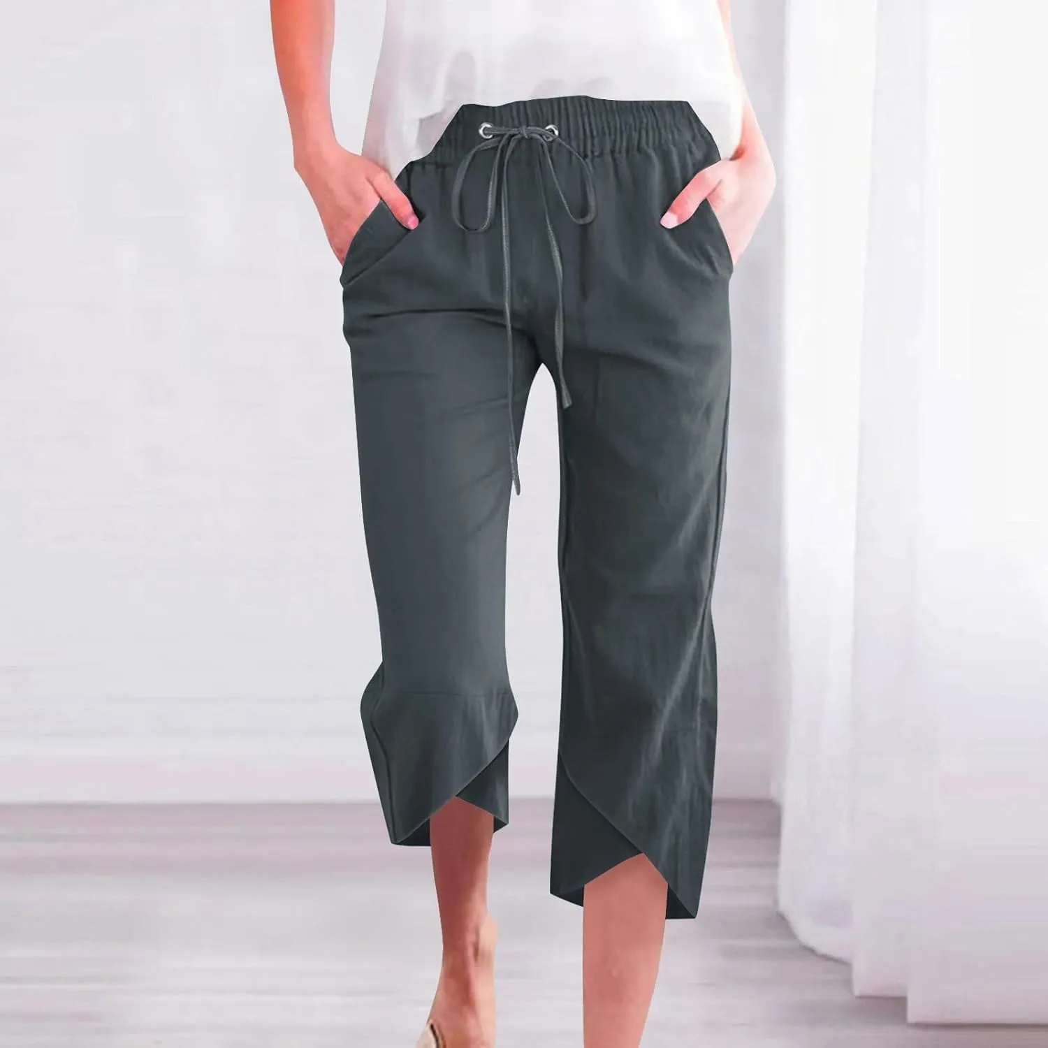 Linen Capri Pants for Women Lightweight Casual Elastic Waist Linen Pant Drawstring 2025 Summer Pants with Pockets