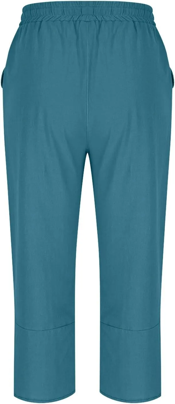 Linen Capri Pants for Women Lightweight Casual Elastic Waist Linen Pant Drawstring 2025 Summer Pants with Pockets