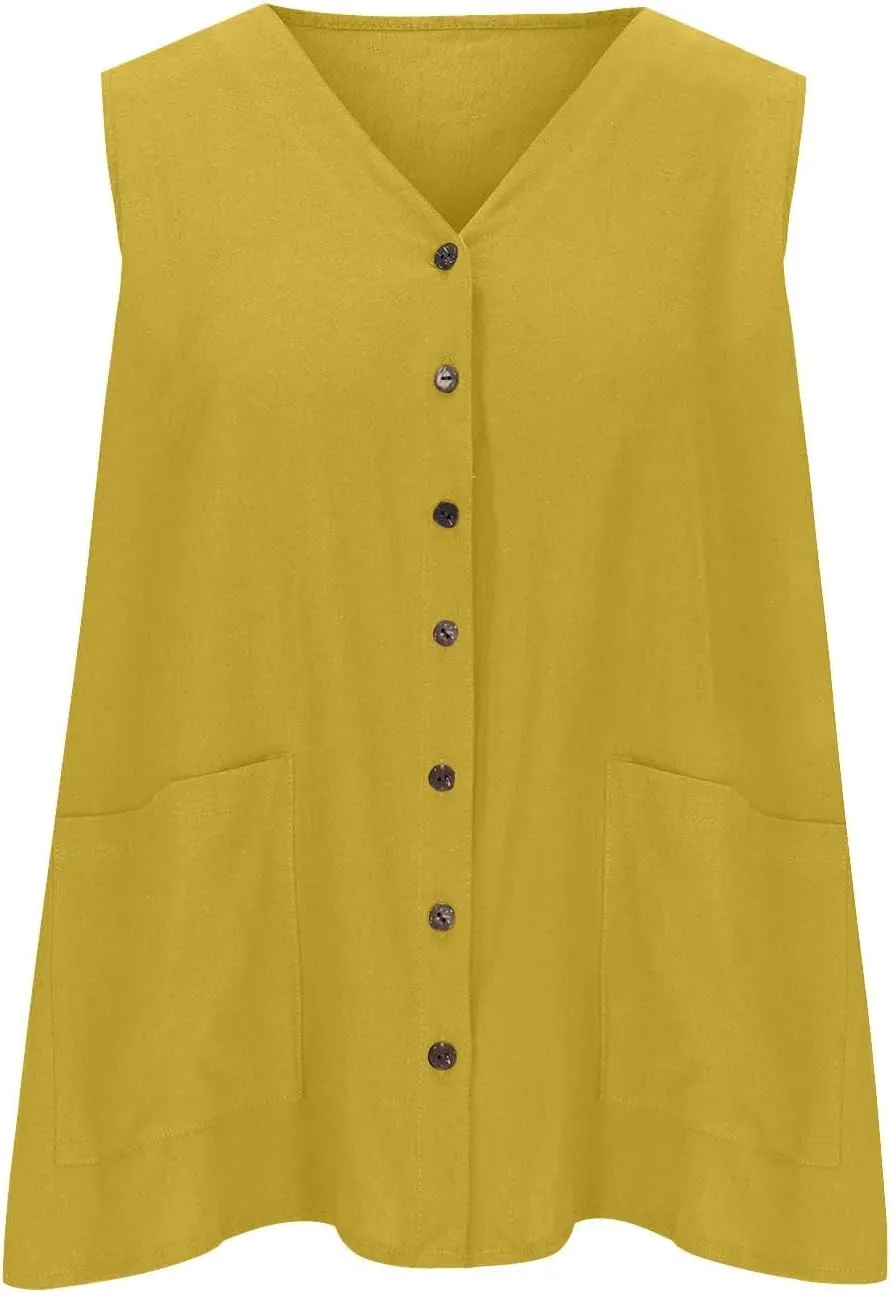 Linen Shirt for Women 2025 Fashion Vintage V Neck Sleeveless Tank Tops Summer Solid Loose Boho Beach Vacation Blouse