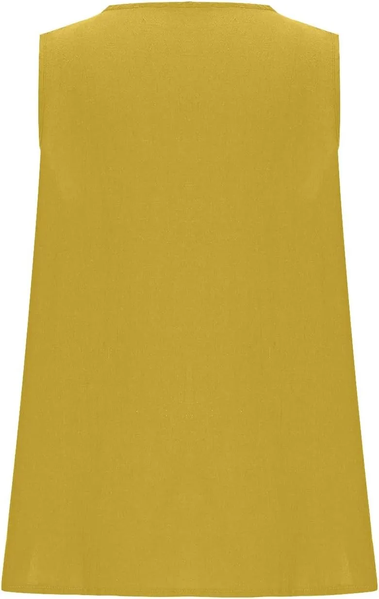 Linen Shirt for Women 2025 Fashion Vintage V Neck Sleeveless Tank Tops Summer Solid Loose Boho Beach Vacation Blouse