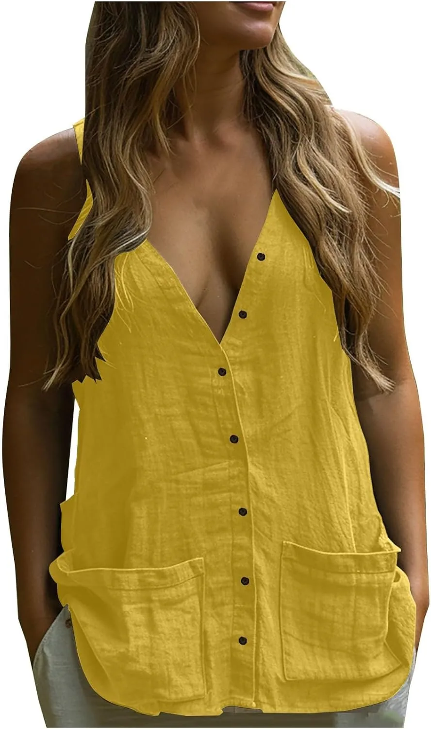 Linen Shirt for Women 2025 Fashion Vintage V Neck Sleeveless Tank Tops Summer Solid Loose Boho Beach Vacation Blouse