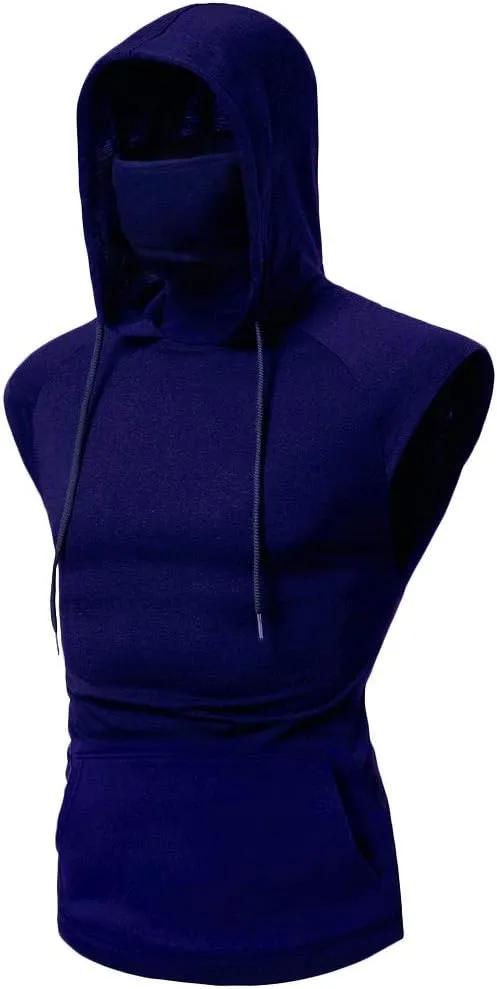 Mens Face_Cover Button Sports Sleeveless/Short/Long Sleeve Vest Hooded Splice Large Open-Forked Male Tank Tops Shirt Blouse