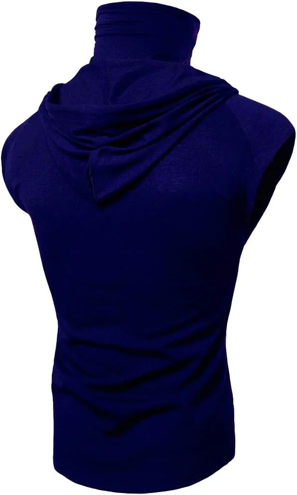 Mens Face_Cover Button Sports Sleeveless/Short/Long Sleeve Vest Hooded Splice Large Open-Forked Male Tank Tops Shirt Blouse