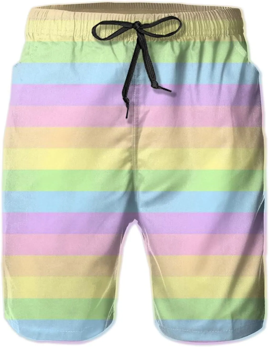 Mens Pastel Rainbow Striped Swim Trunks Quick Dry Summer Surf Beach Shorts with Pocket Drawstring