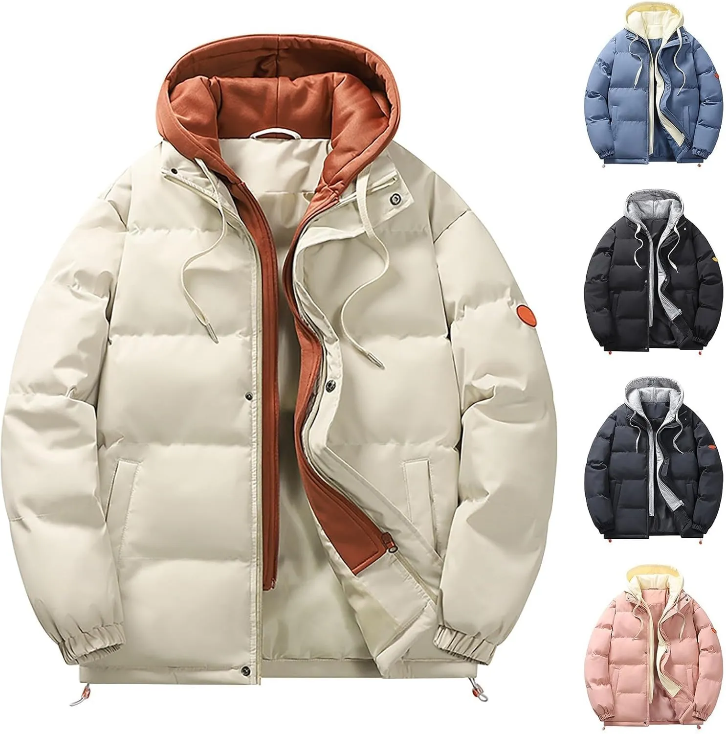 Men's Winter Thick Hooded Puffer Jackets Oversized Full Zip Warm Soft Lightweight Quilted Down Coats Outwear for Cold Weather